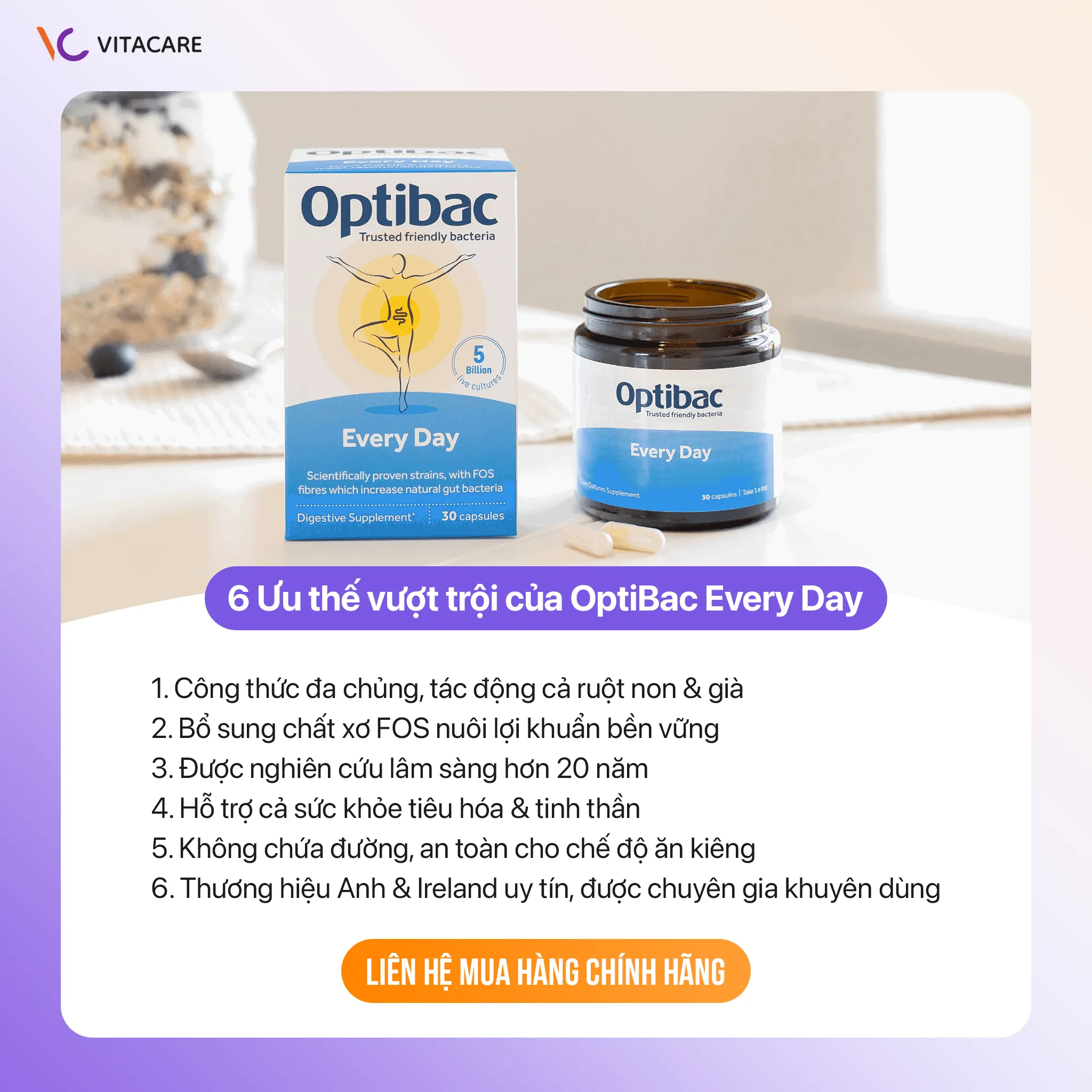 Ưu thế vượt trội của Optibac Every Day đến từ Anh Quốc Optibac Every Day men vi sinh đa chủng, bổ sung FOS, an toàn cho chế độ ăn kiêng