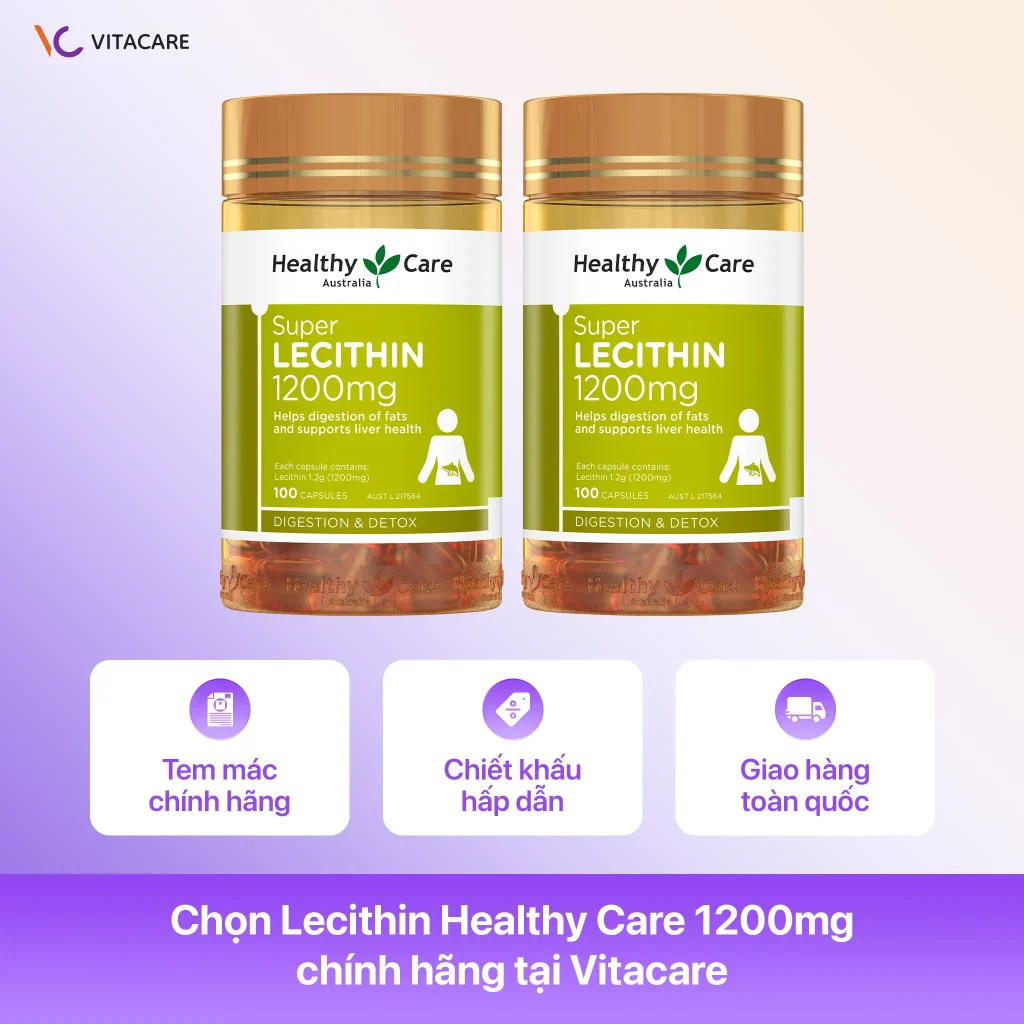 Chọn Lecithin Healthy Care 1200mg chính hãng tại VitaCare Hình ảnh sản phẩm Healthy Care Lecithin 1200mg 100 viên chính hãng tại Vitacare, hỗ trợ tiêu hóa chất béo, bảo vệ và tăng cường chức năng gan.