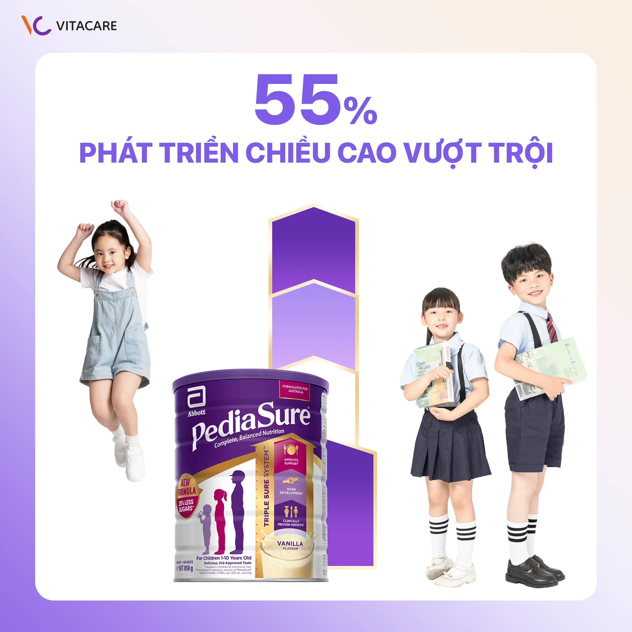 Abbott PediaSure giúp bé phát triển chiều cao vượt trội 55% Sữa Abbott PediaSure hỗ trợ phát triển chiều cao cho trẻ, giúp xương chắc khỏe và dẻo dai