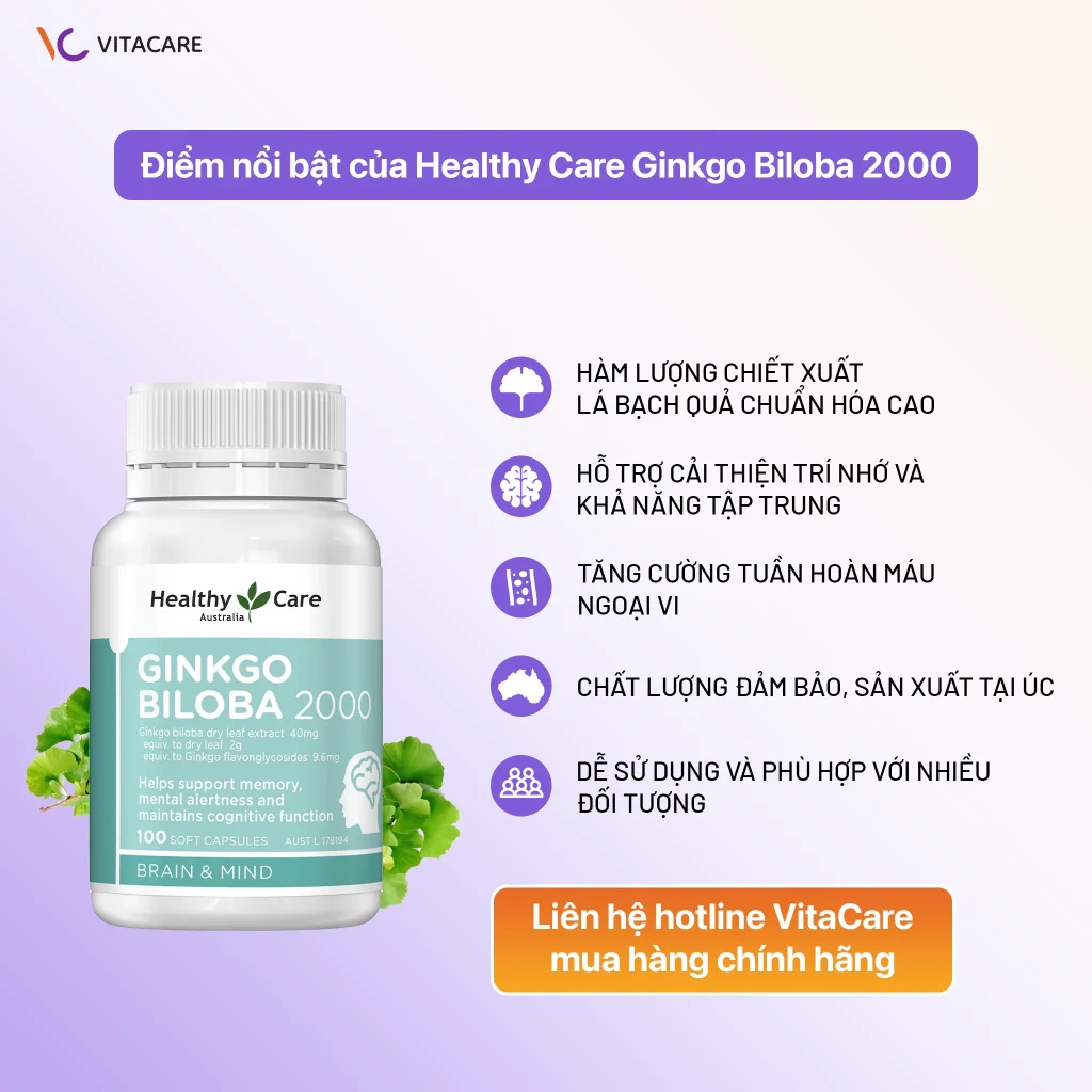 Healthy Care Ginkgo Biloba 2000 nổi bật với chiết xuất lá bạch quả chuẩn hóa, hỗ trợ cải thiện trí nhớ, tăng tuần hoàn máu, đảm bảo chất lượng, sản xuất tại Úc, dễ dùng cho nhiều đối tượng.