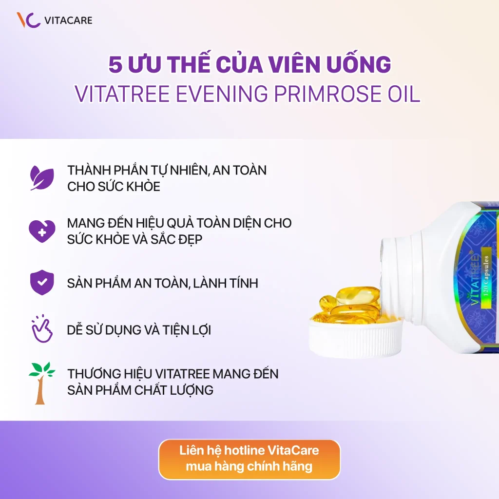 Vitatree Evening Primrose Oil 100 viên với thành phần tự nhiên, an toàn, hiệu quả toàn diện, dễ sử dụng, lành tính, thuộc thương hiệu Vitatree uy tín từ Úc.