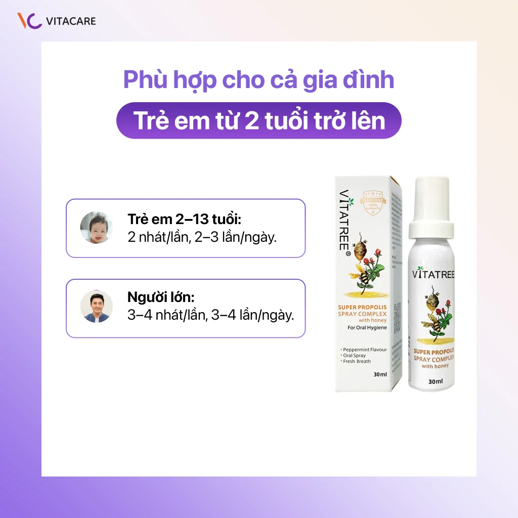 Hướng dẫn sử dụng xịt họng keo ong Vitatree Xịt họng Vitatree Super Propolis Spray dùng được cho trẻ em từ 2 tuổi trở lên và người lớn, với liều dùng 2–4 nhát/lần mỗi ngày.