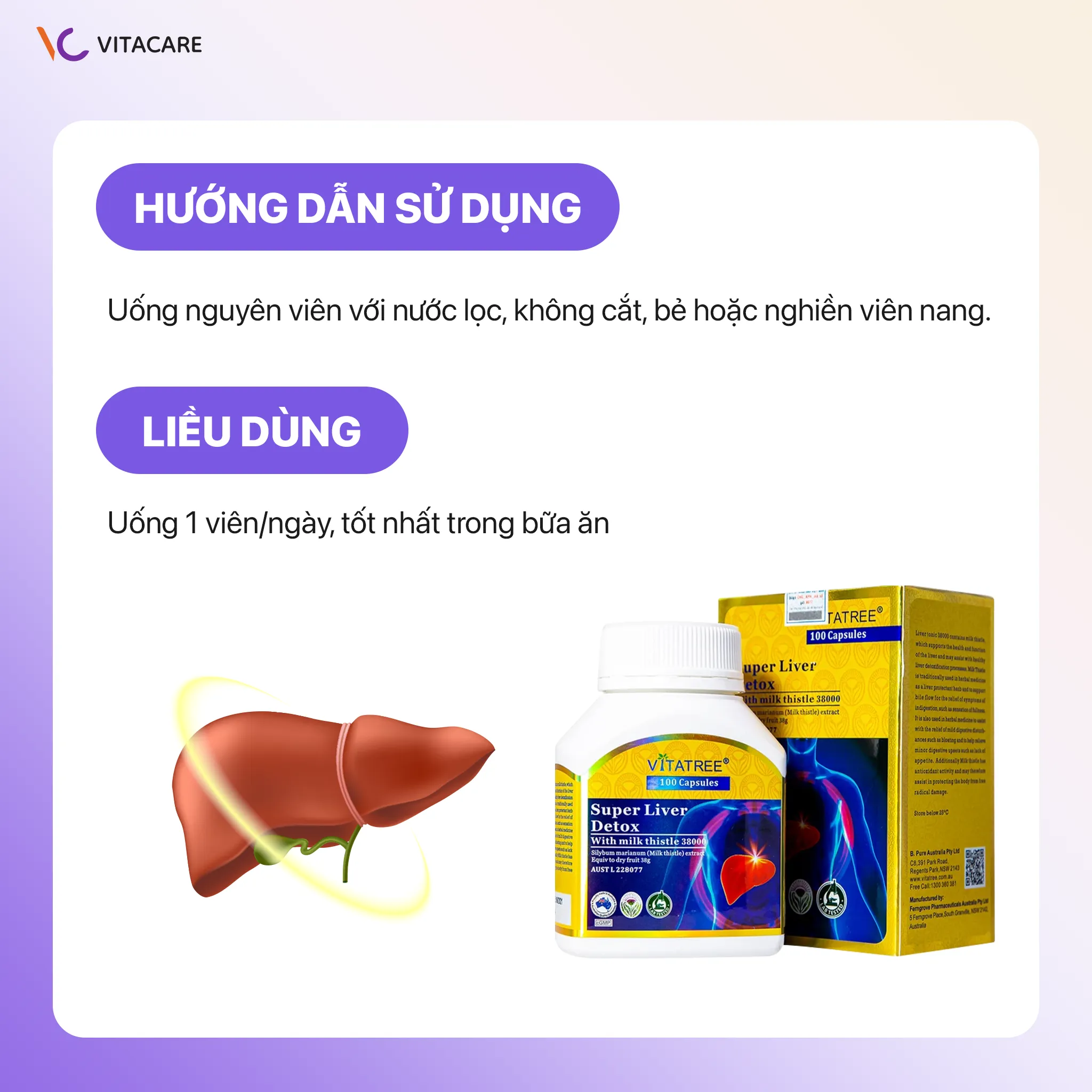 Hình ảnh hướng dẫn sử dụng Vitatree Super Liver Detox 100 viên – liều dùng mỗi ngày
