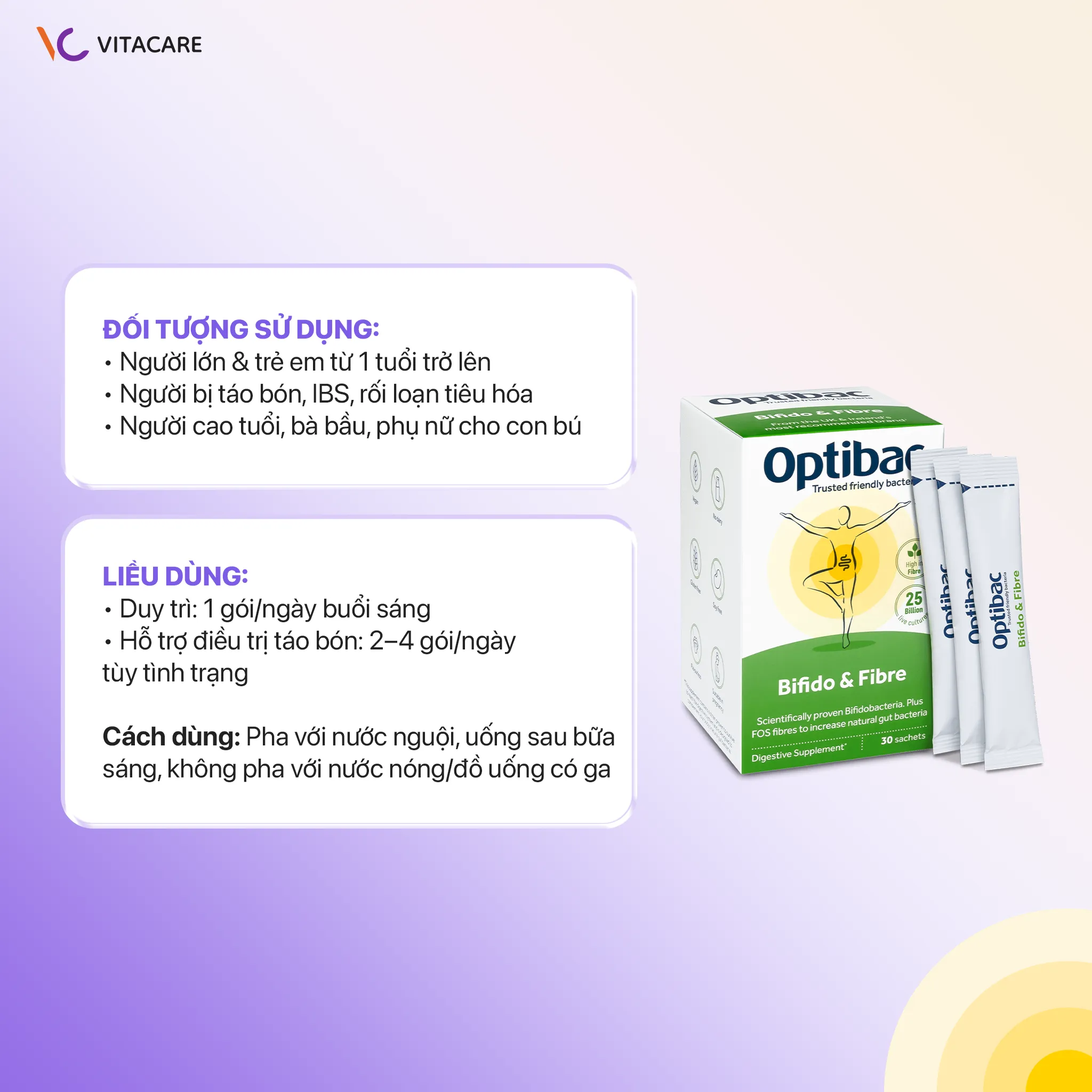 Cách dùng và đối tượng phù hợp Optibac Bifido & Fibre Cách dùng men vi sinh Optibac Bifido & Fibre cho người lớn, trẻ em, bà bầu và người cao tuổi