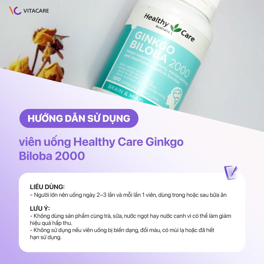 Liều dùng Healthy Care Ginkgo Biloba 2000: người lớn uống 1 viên, ngày 2–3 lần, dùng trong hoặc sau bữa ăn. Không dùng cùng trà, sữa, nước ngọt hoặc nếu viên có dấu hiệu hỏng.