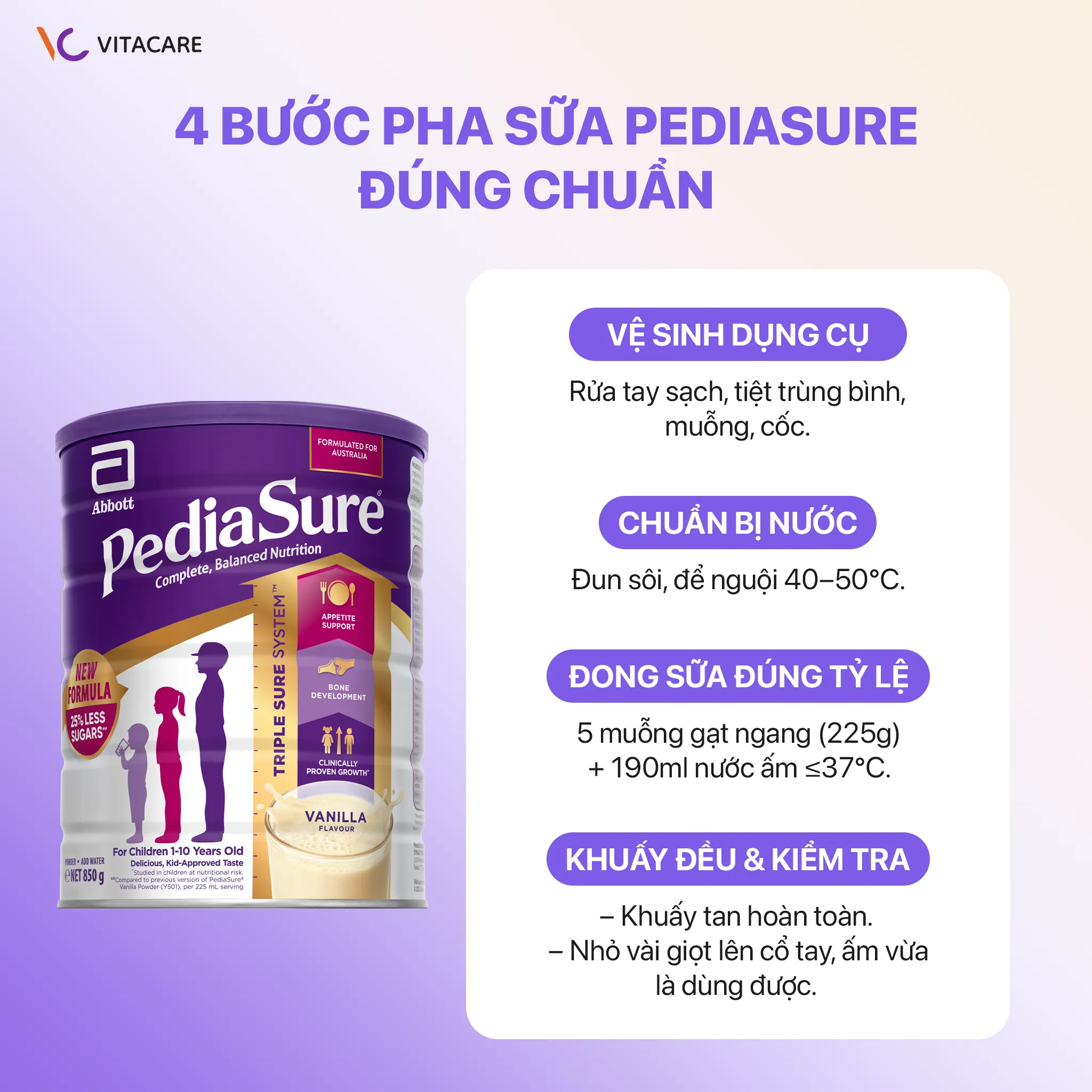 Hướng dẫn 4 bước pha sữa PediaSure đúng chuẩn Cách pha sữa Abbott PediaSure cho trẻ đúng tỷ lệ và nhiệt độ chuẩn khoa học