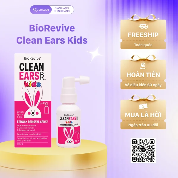 BioRevive Clean Ears Kids 30ml – xịt vệ sinh tai cho trẻ em, làm mềm ráy tai, an toàn cho bé sơ sinh.