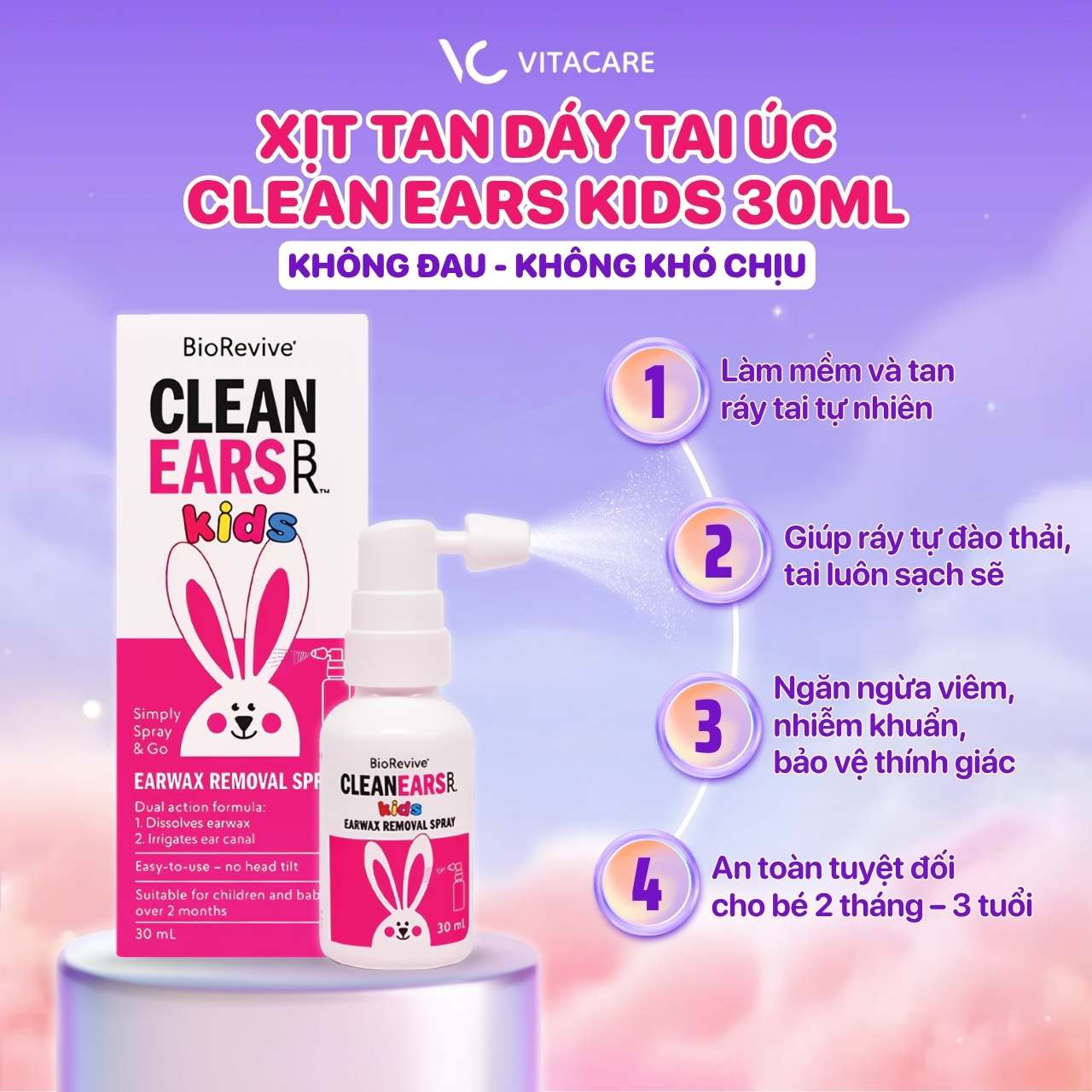 Clean Ears Kids xịt tan ráy tai tự nhiên, an toàn tuyệt đối cho bé từ 2 tháng tuổi. Xịt Clean Ears Kids giúp tan ráy tai tự nhiên, ngăn ngừa viêm nhiễm và bảo vệ thính giác bé