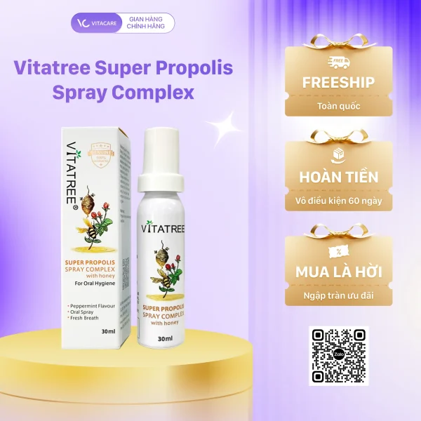 Hình ảnh Vitatree Super Propolis Spray Complex 30ml, sản phẩm xịt keo ong kết hợp mật ong và bạc hà giúp kháng khuẩn, hỗ trợ giảm viêm họng, bảo vệ răng miệng và hơi thở thơm mát.