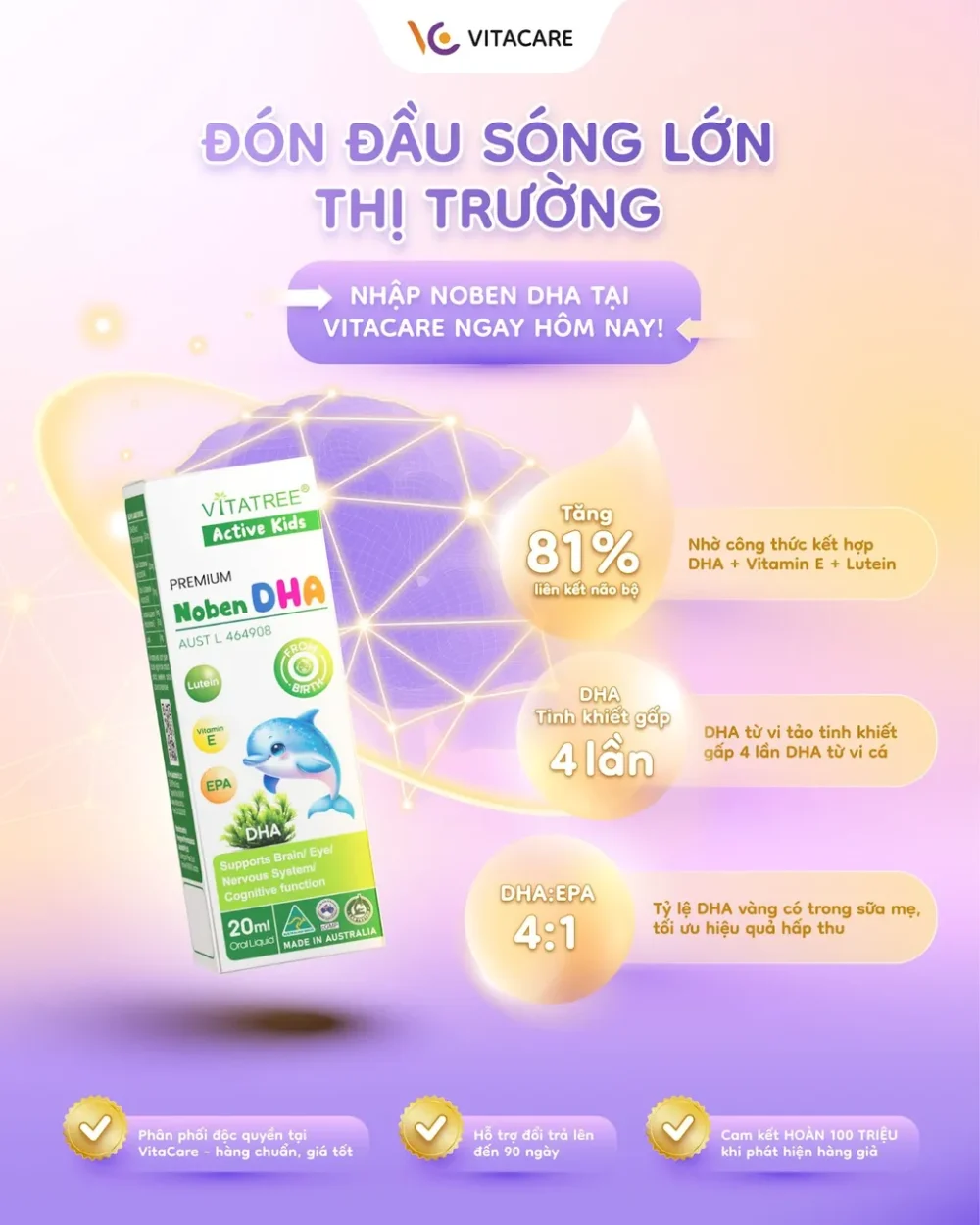 Vitatree Premium Noben DHA, hỗ trợ phát triển não bộ và thị lực cho trẻ.