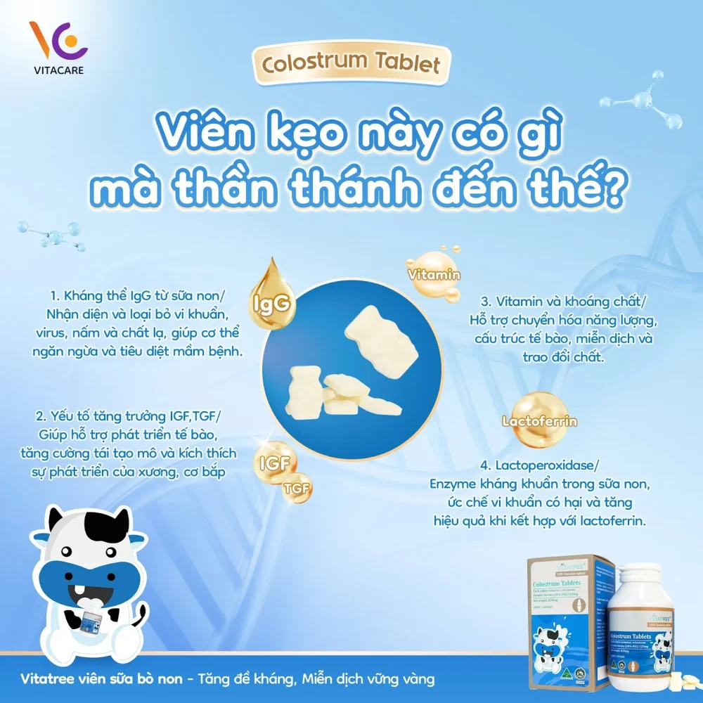 Hình ảnh sản phẩm Vitatree Colostrum Tablet – viên nhai sữa non chứa kháng thể IgG, IGF, TGF, Lactoferrin và enzyme kháng khuẩn, giúp tăng miễn dịch, hỗ trợ phát triển xương cơ và bảo vệ sức khỏe toàn diện cho bé.