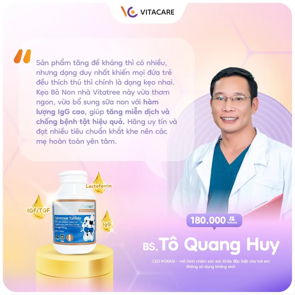 Bác sĩ Tô Quang Huy – CEO KOKASI công nhận viên sữa bò non Vitatree có hàm lượng IgG cao