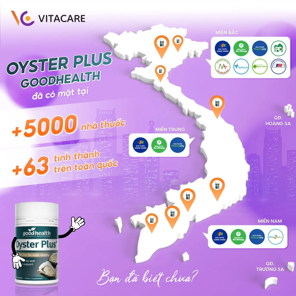 Hình ảnh Oyster Plus Goodhealth phân phối tại hơn 5000 nhà thuốc trên toàn quốc, phủ sóng 63 tỉnh thành với hệ thống Long Châu, An Khang, Pharmacity, Phano, giúp người tiêu dùng dễ dàng mua chính hãng.
