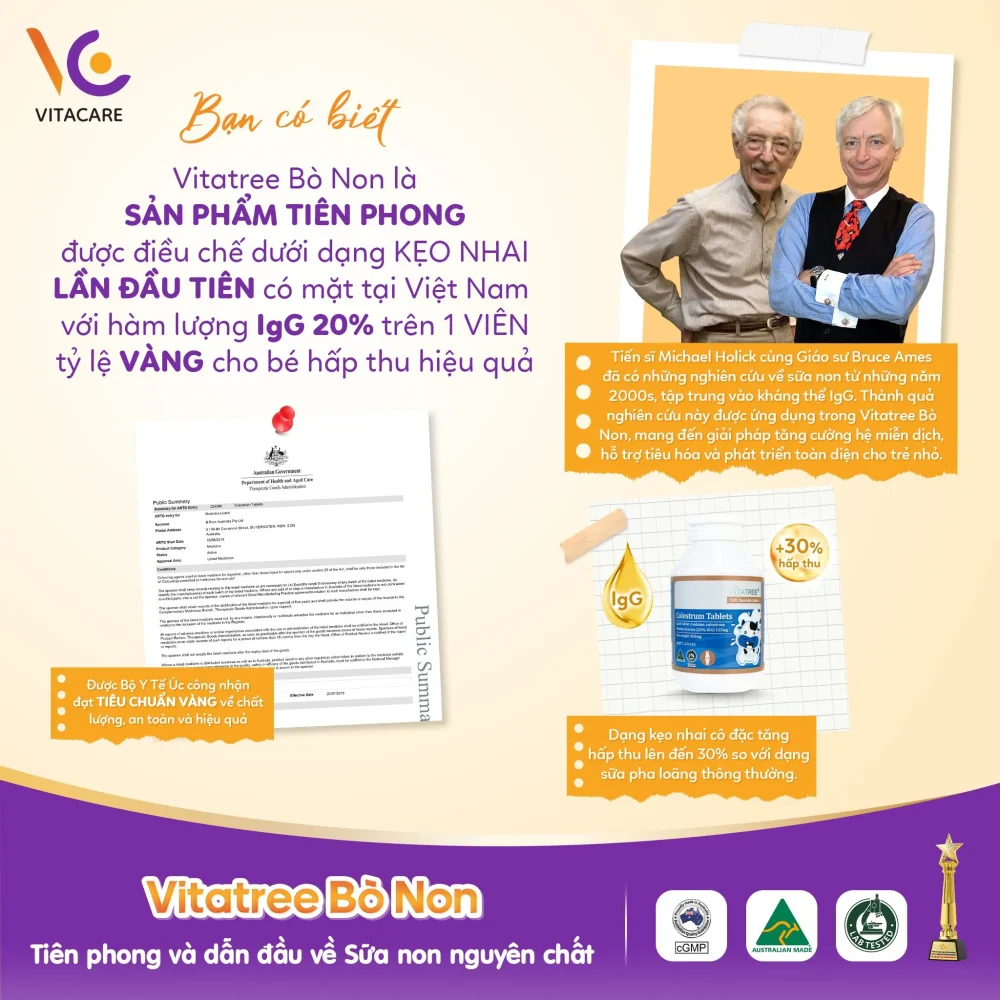 Viên sữa bò non Vitatree Colostrum Tablets được sản xuất theo tiêu chuẩn TGA Úc