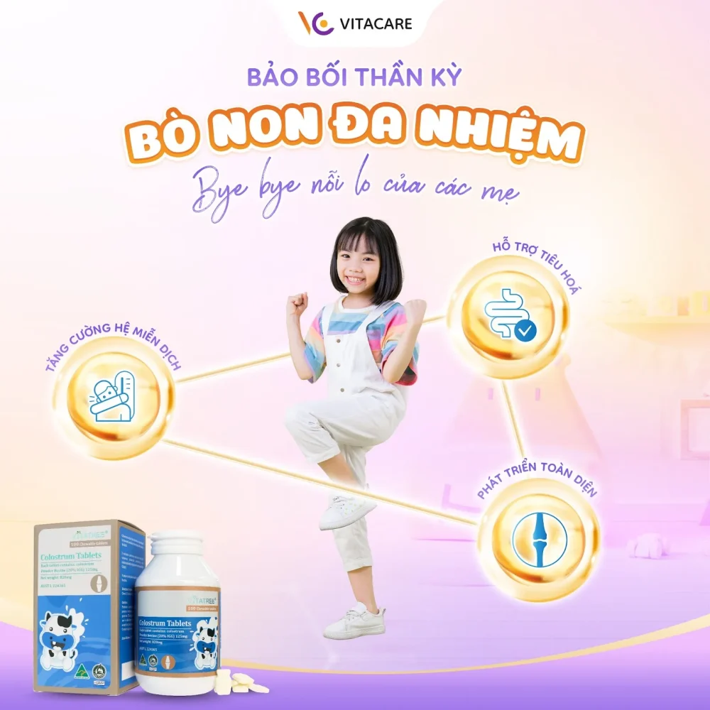 Hình ảnh Vitatree Colostrum Tablets – viên sữa non đa nhiệm hỗ trợ tiêu hóa, tăng sức đề kháng và giúp bé phát triển toàn diện, bảo vệ sức khỏe và chiều cao ngay từ nhỏ.