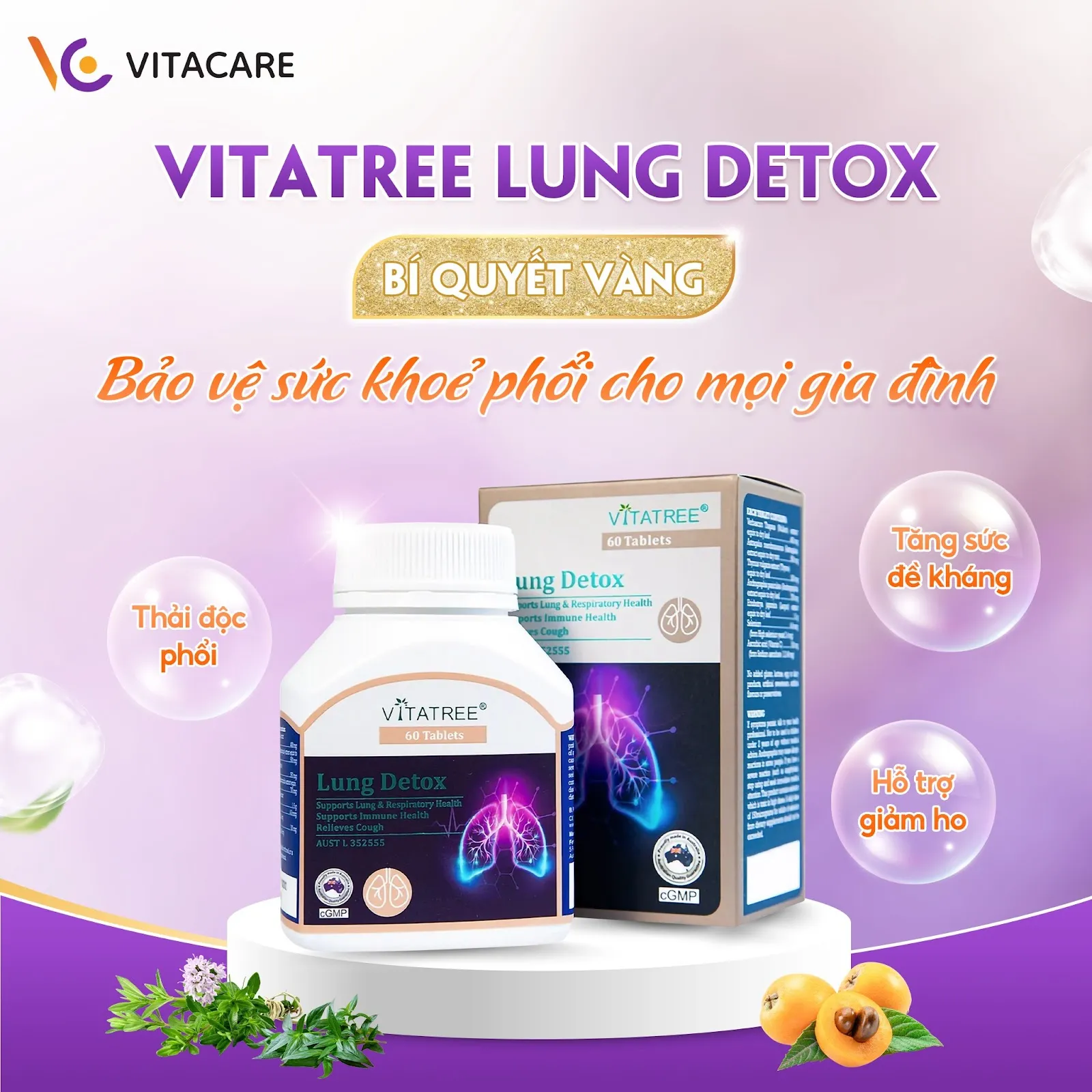 Hình ảnh sản phẩm Vitatree Lung Detox 60 viên, hỗ trợ thải độc phổi, tăng sức đề kháng, giảm ho và bảo vệ hệ hô hấp khỏe mạnh.