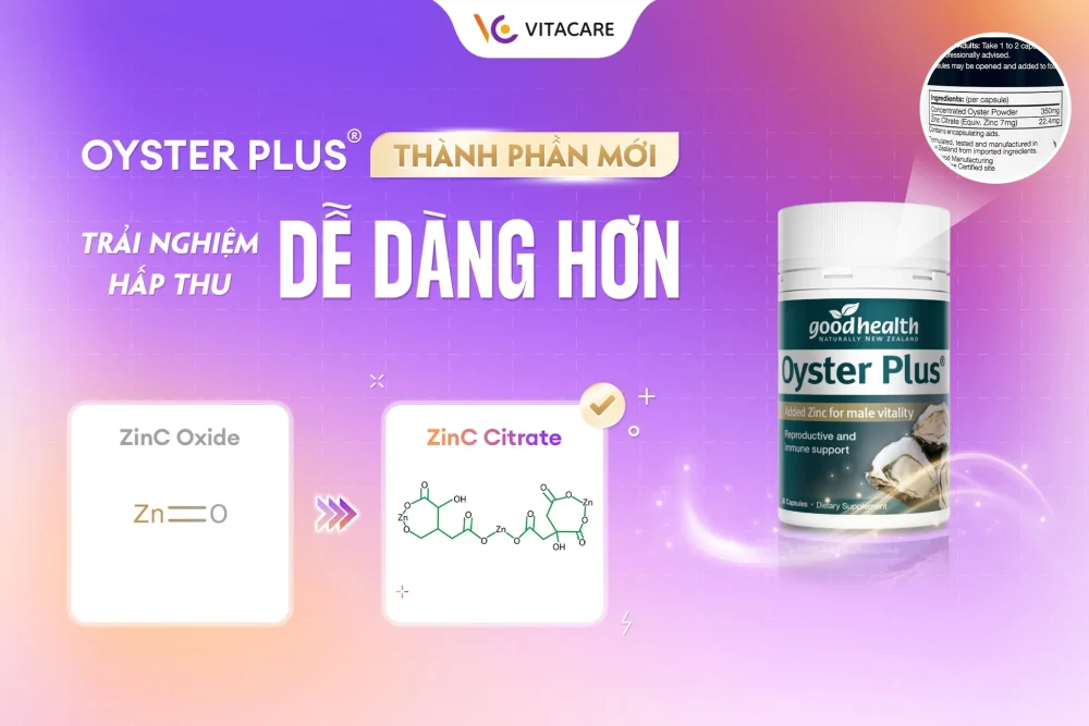 Hình ảnh sản phẩm Goodhealth Oyster Plus thành phần mới Zinc Citrate dễ hấp thu – bổ sung kẽm từ hàu, tăng cường sinh lý nam, cải thiện sức khỏe sinh sản và hỗ trợ miễn dịch.