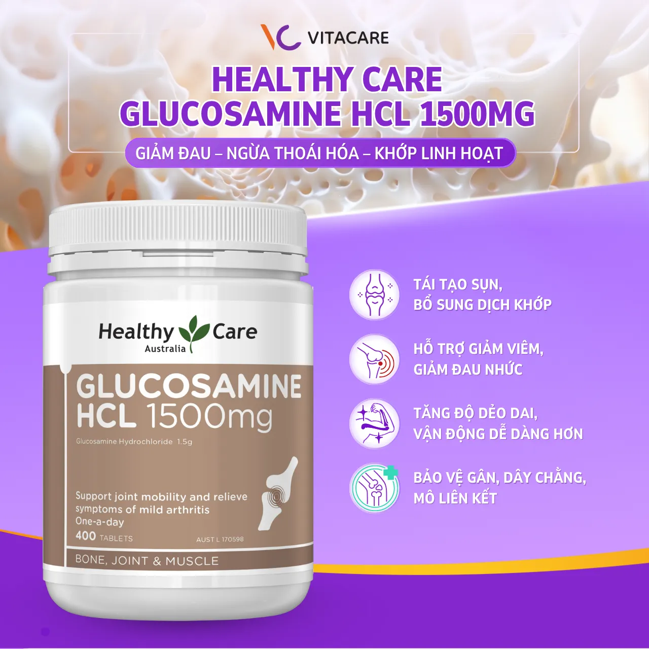 Công dụng Healthy Care Glucosamine HCL 1500mg  Healthy Care Glucosamine giúp tái tạo sụn, bổ sung dịch khớp và tăng độ dẻo dai cho xương khớp