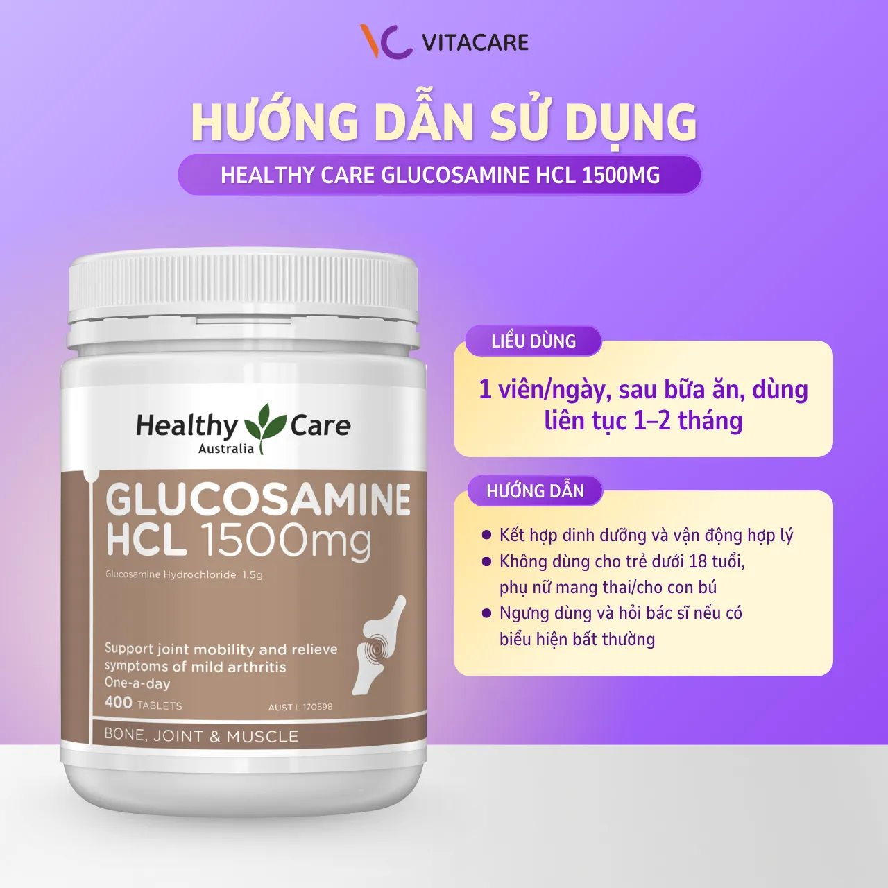 Hướng dẫn sử dụng Healthy Care Glucosamine HCL 1500mg đúng cách Cách dùng viên Glucosamine HCL 1500mg – 1 viên/ngày sau bữa ăn, dùng liên tục 1–2 tháng