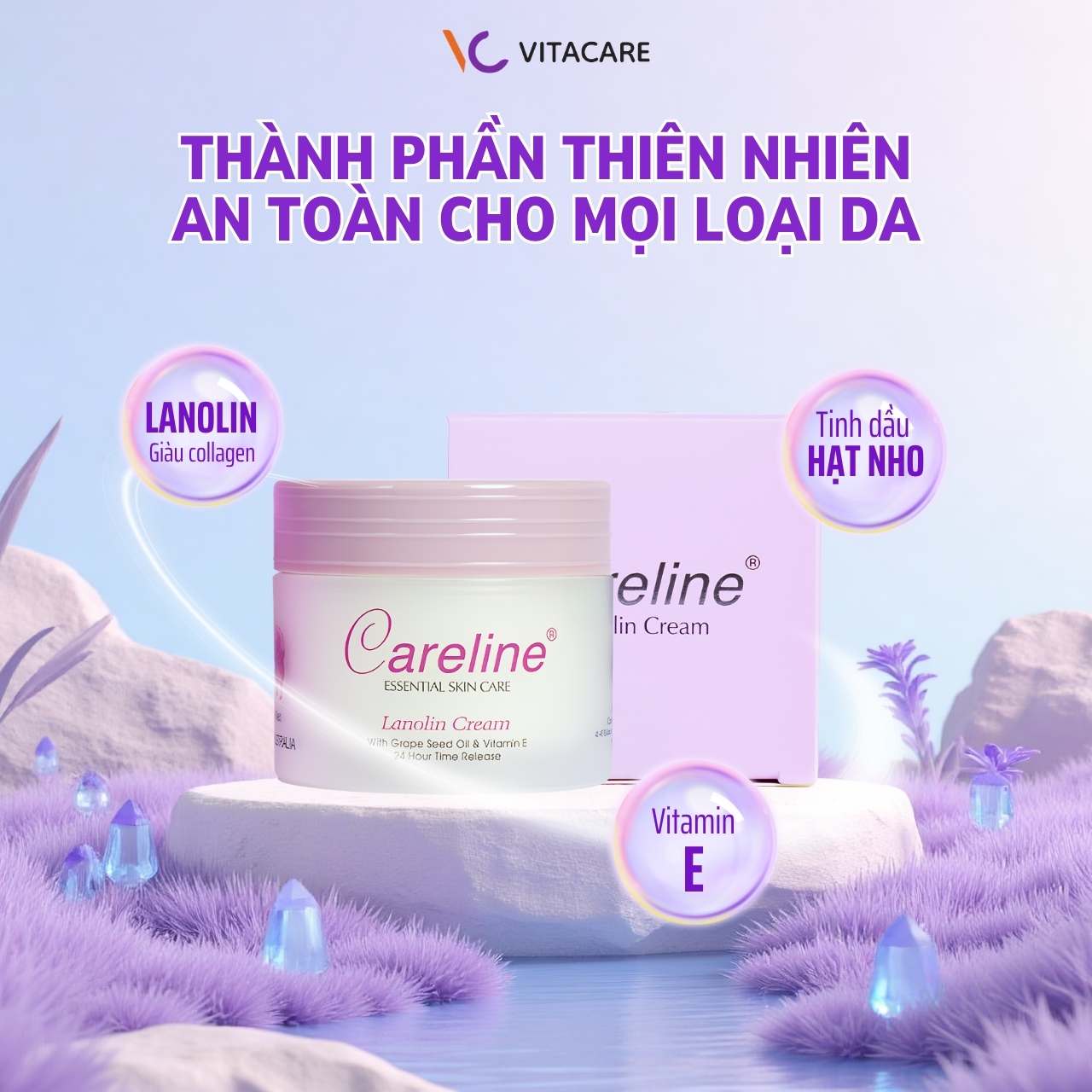 Thành phần Careline Lanolin Cream  Kem dưỡng Careline Lanolin Cream chứa lanolin, tinh dầu hạt nho và vitamin E giúp dưỡng ẩm da