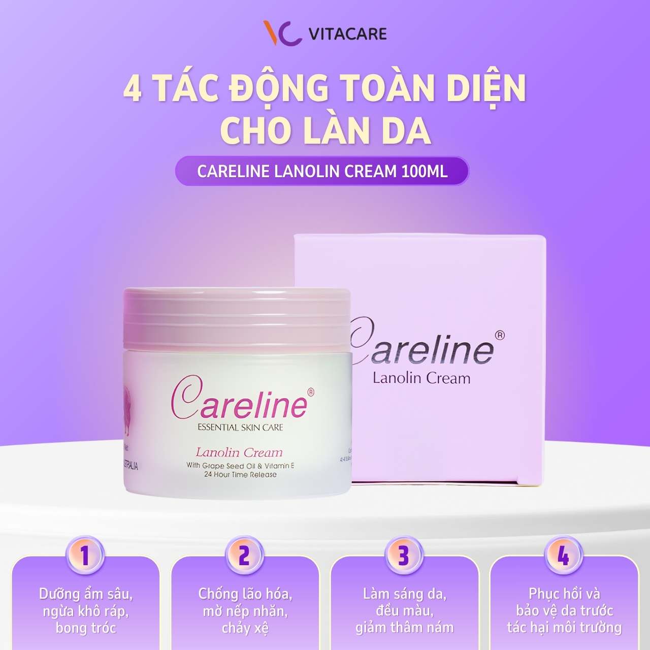 4 tác động toàn diện cho làn da mềm mịn Kem lanolin Careline dưỡng ẩm, chống lão hóa, làm sáng da và bảo vệ khỏi tác hại môi trường