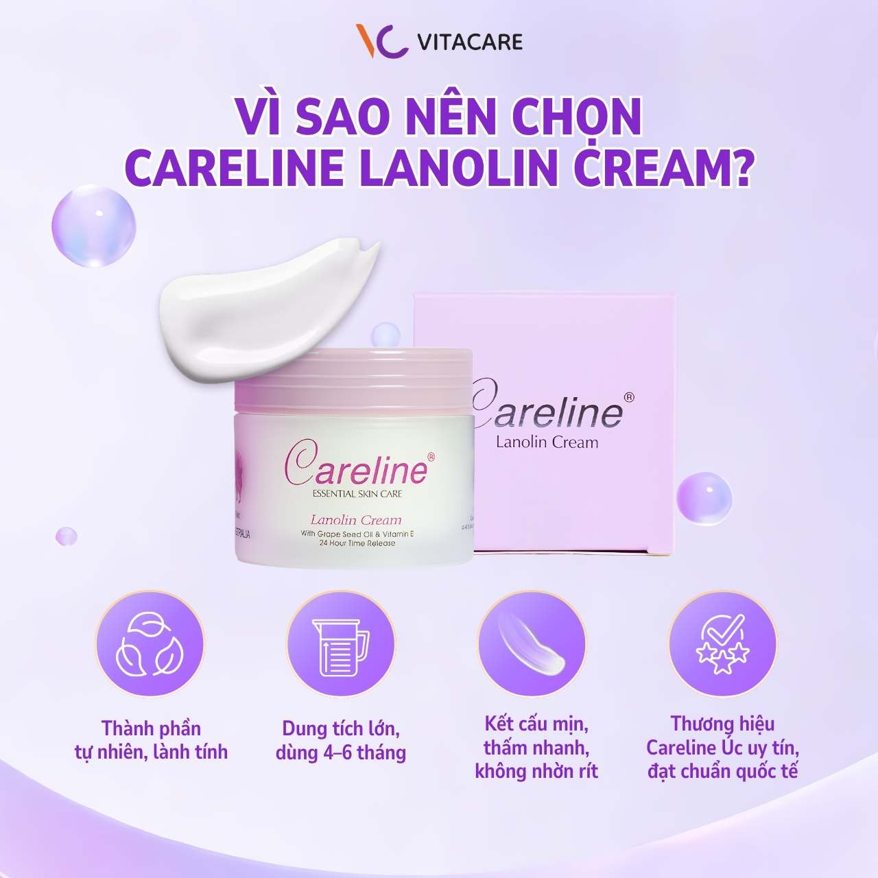Kem dưỡng lanolin cao cấp từ Úc Careline Lanolin Cream với thành phần tự nhiên, dung tích lớn, thấm nhanh không nhờn rít
