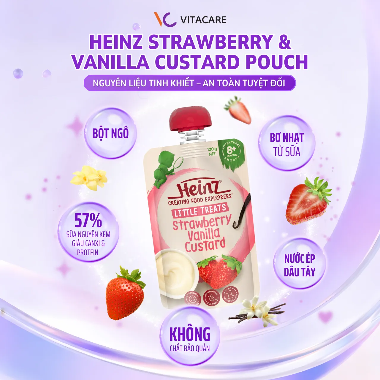 Thành phần Heinz Strawberry & Vanilla Custard Heinz Strawberry Vanilla Custard chứa sữa nguyên kem, nước ép dâu tây, bơ nhạt và bột ngô tự nhiên