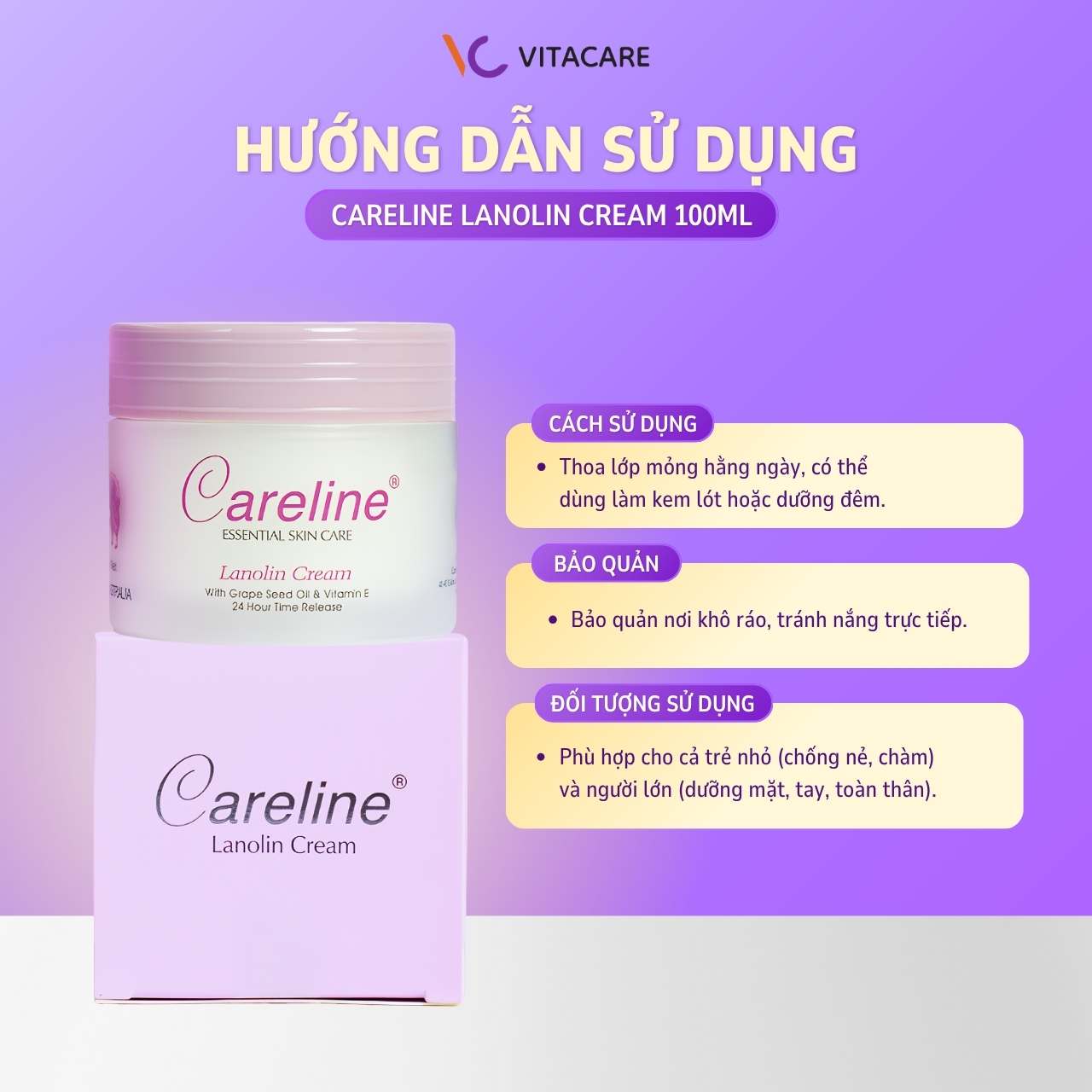 Hướng dẫn sử dụng Careline Lanolin Cream 100ml Cách dùng kem Careline Lanolin Cream cho da mặt, tay và toàn thân