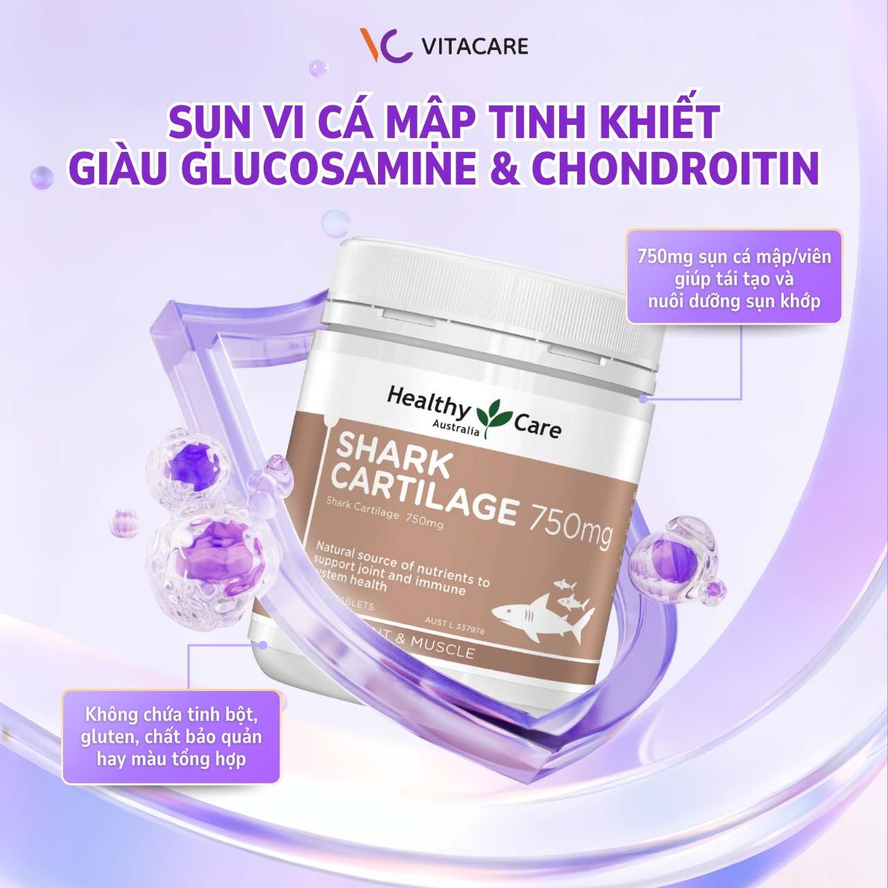 Sụn vi cá mập tinh khiết, giàu Glucosamine & Chondroitin Viên sụn vi cá mập Healthy Care chứa 750mg sụn cá giúp tái tạo và nuôi dưỡng sụn khớp