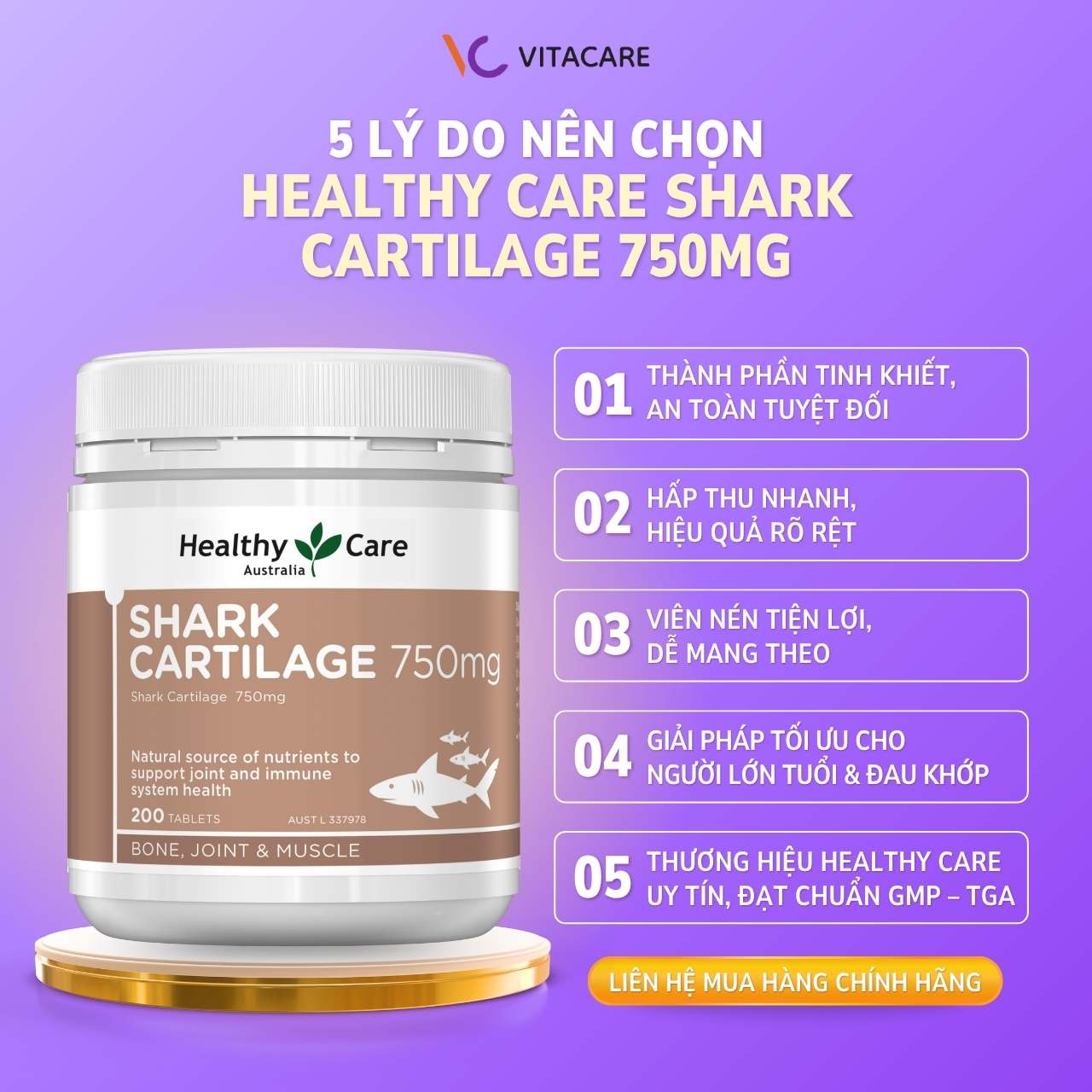5 lý do nên chọn Healthy Care Shark Cartilage 750mg Healthy Care Shark Cartilage tinh khiết, hấp thu nhanh, giải pháp tối ưu cho người đau khớp
