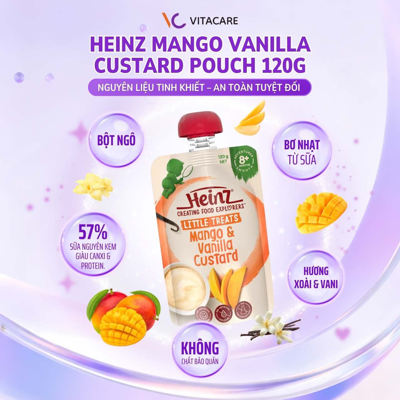 Thành phần Heinz Mango & Vanilla Custard  Heinz Mango Vanilla Custard chứa sữa nguyên kem, bột ngô, bơ nhạt và hương xoài – vani tự nhiên