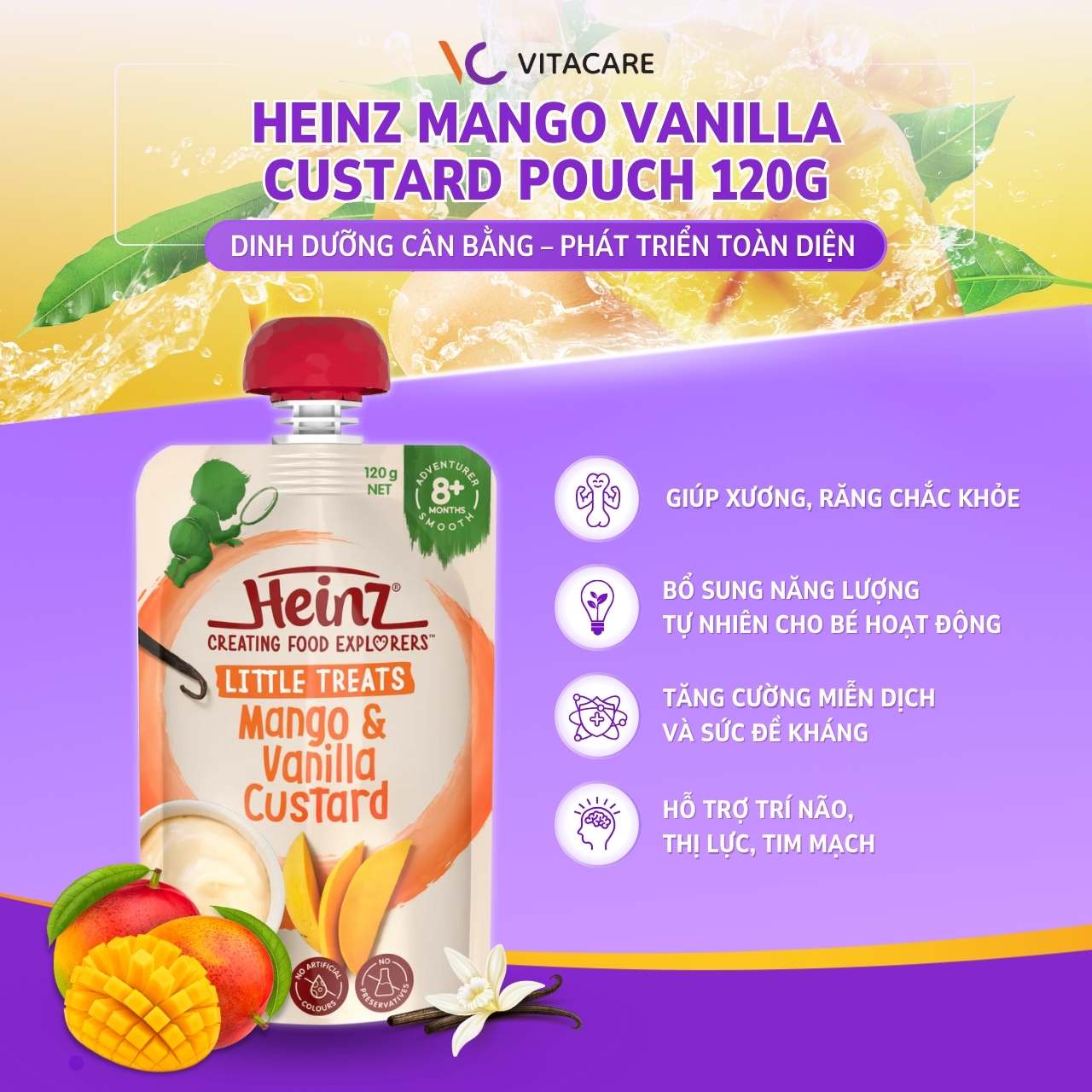 Heinz Mango Vanilla Custard dinh dưỡng cân bằng, phát triển toàn diện Heinz Mango Vanilla Custard hỗ trợ phát triển xương, răng, tăng cường miễn dịch và sức đề kháng cho bé