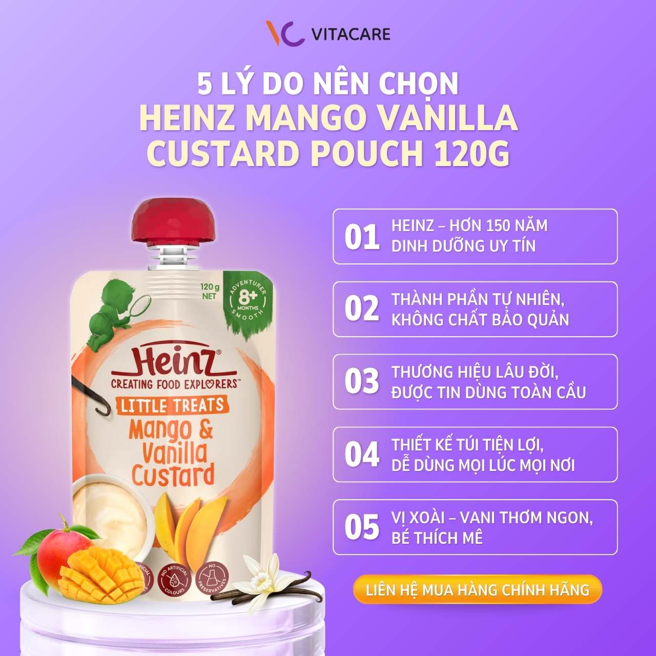 5 lý do nên chọn Heinz Mango & Vanilla Custard cho bé Heinz Mango Vanilla Custard là thức ăn dặm tự nhiên, không chất bảo quản, thương hiệu uy tín hơn 150 năm