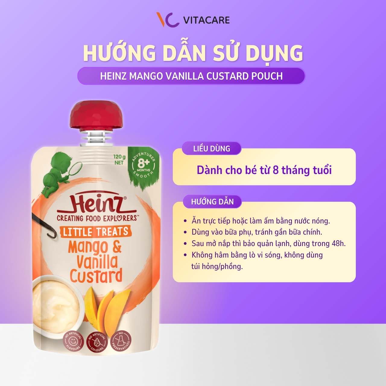 Hướng dẫn sử dụng Heinz Mango Vanilla Custard cho bé Cách cho bé ăn Heinz Mango Vanilla Custard an toàn và bảo quản đúng cách