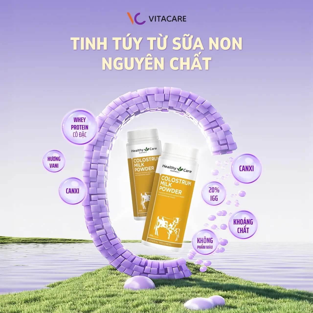 Thành phần sữa non Healthy Care Sữa non Healthy Care chứa 20% IgG, canxi, whey protein cô đặc và hương vani dễ uống