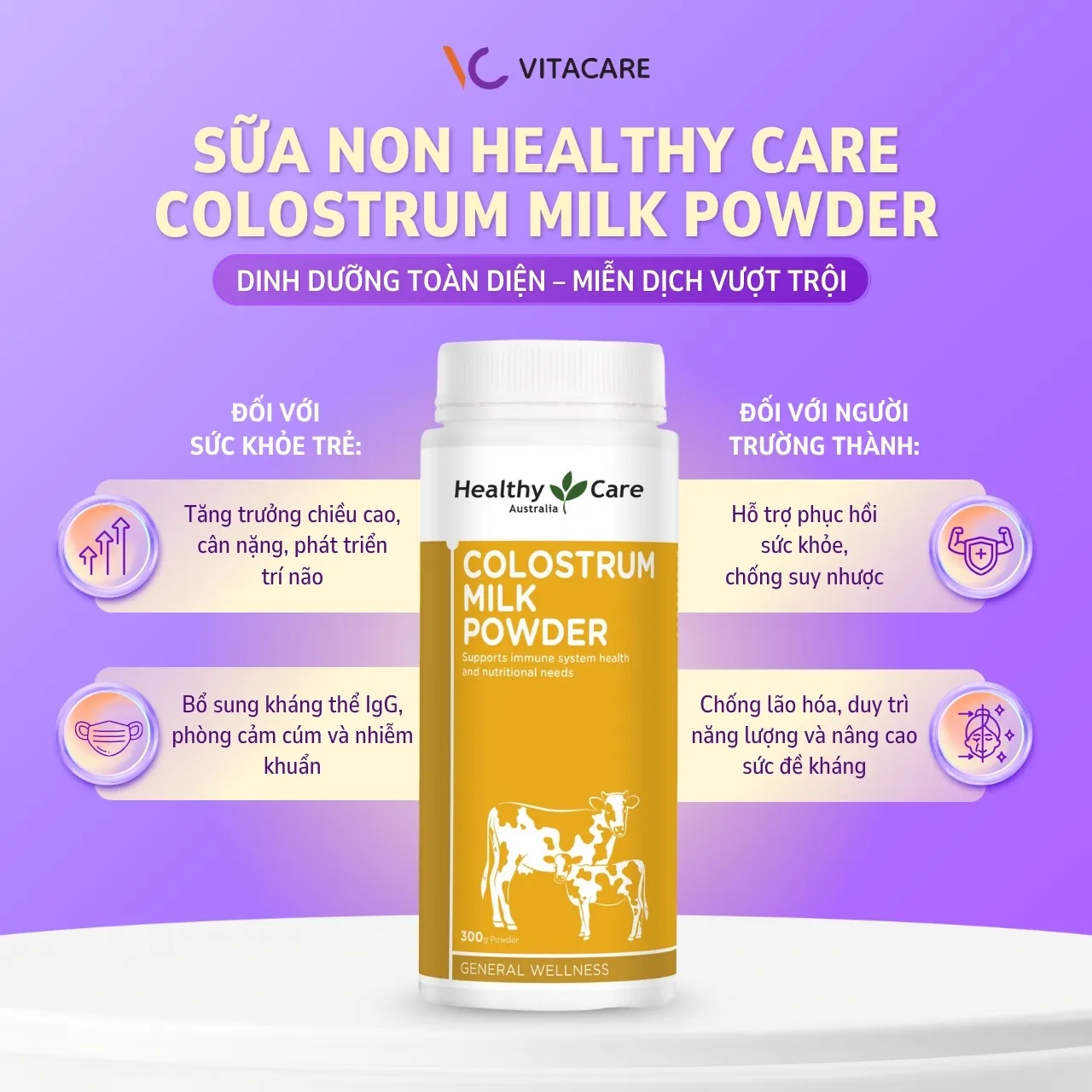 Công dụng sữa non Healthy Care Colostrum Milk Powder Sữa non Healthy Care hỗ trợ tăng trưởng chiều cao, cân nặng và phục hồi sức khỏe