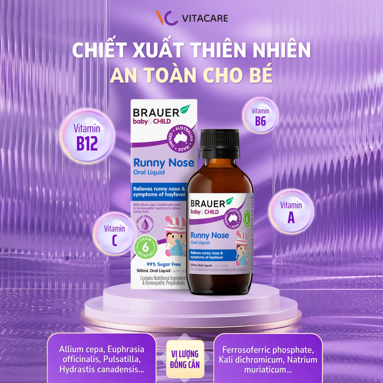Thành phần Brauer Baby & Child Runny Nose Relief 100ml  Siro Brauer Baby & Child Runny Nose Relief 100ml chiết xuất thiên nhiên, bổ sung vitamin A, B6, B12, C giúp giảm sổ mũi, ho