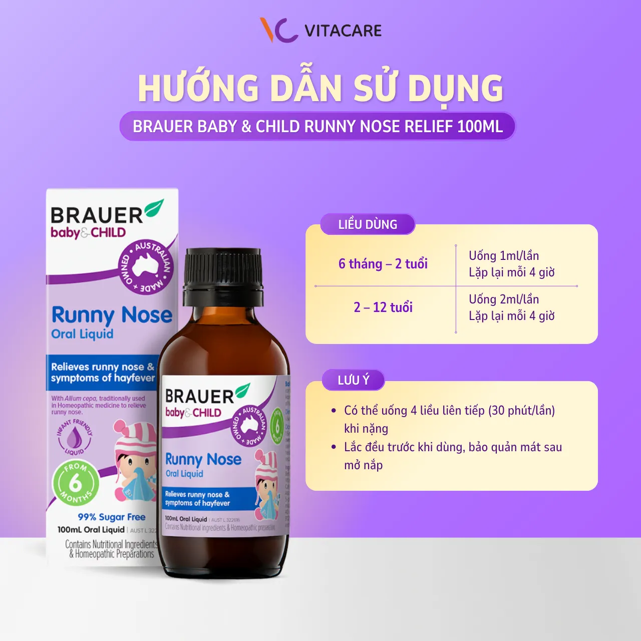 Hướng dẫn sử dụng Brauer Baby & Child Runny Nose Relief 100ml Liều dùng Brauer Runny Nose Relief cho bé từ 6 tháng đến 12 tuổi, an toàn và dễ sử dụng