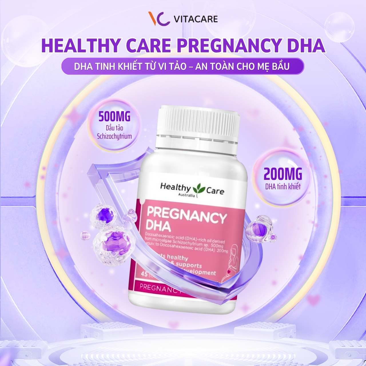 Thành phần Healthy Care Pregnancy DHA  Viên uống Healthy Care Pregnancy DHA chứa 500mg dầu tảo Schizochytrium và 200mg DHA tinh khiết