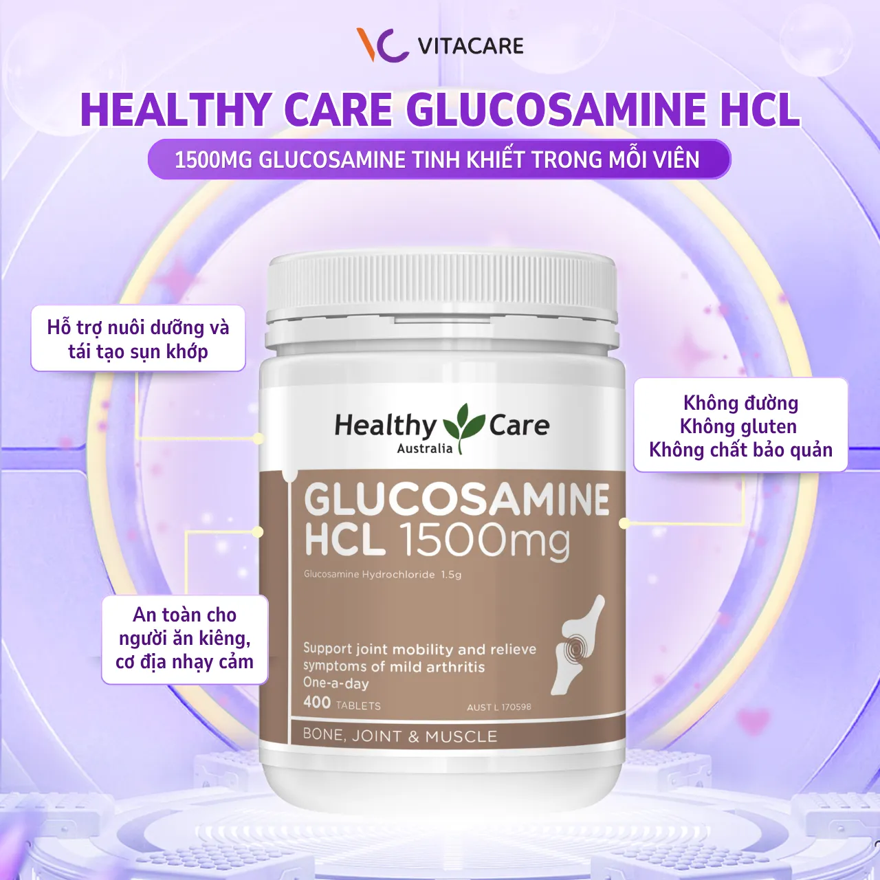 Thành phần Healthy Care Glucosamine HCL 1500mg Viên uống Healthy Care Glucosamine HCL 1500mg hỗ trợ nuôi dưỡng, tái tạo sụn khớp, an toàn cho người ăn kiêng