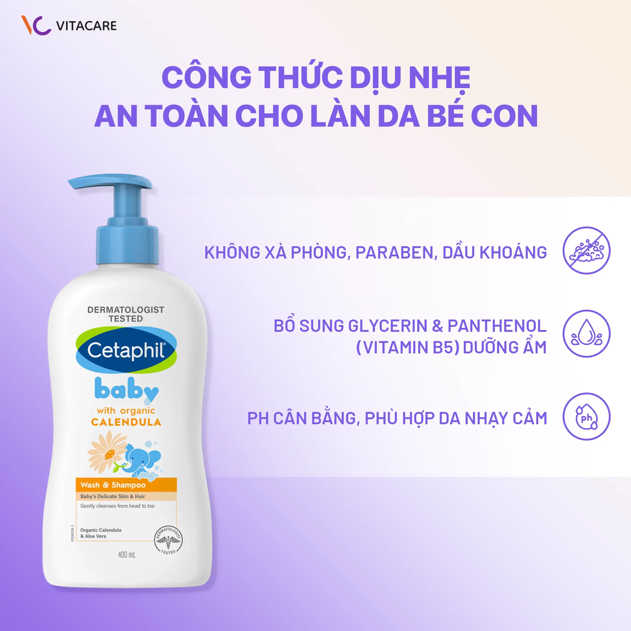 Thành phần Cetaphil Baby Gentle Wash & Shampoo Sữa tắm gội Cetaphil Baby với chiết xuất hoa cúc Calendula, không xà phòng, không paraben, an toàn cho da nhạy cảm