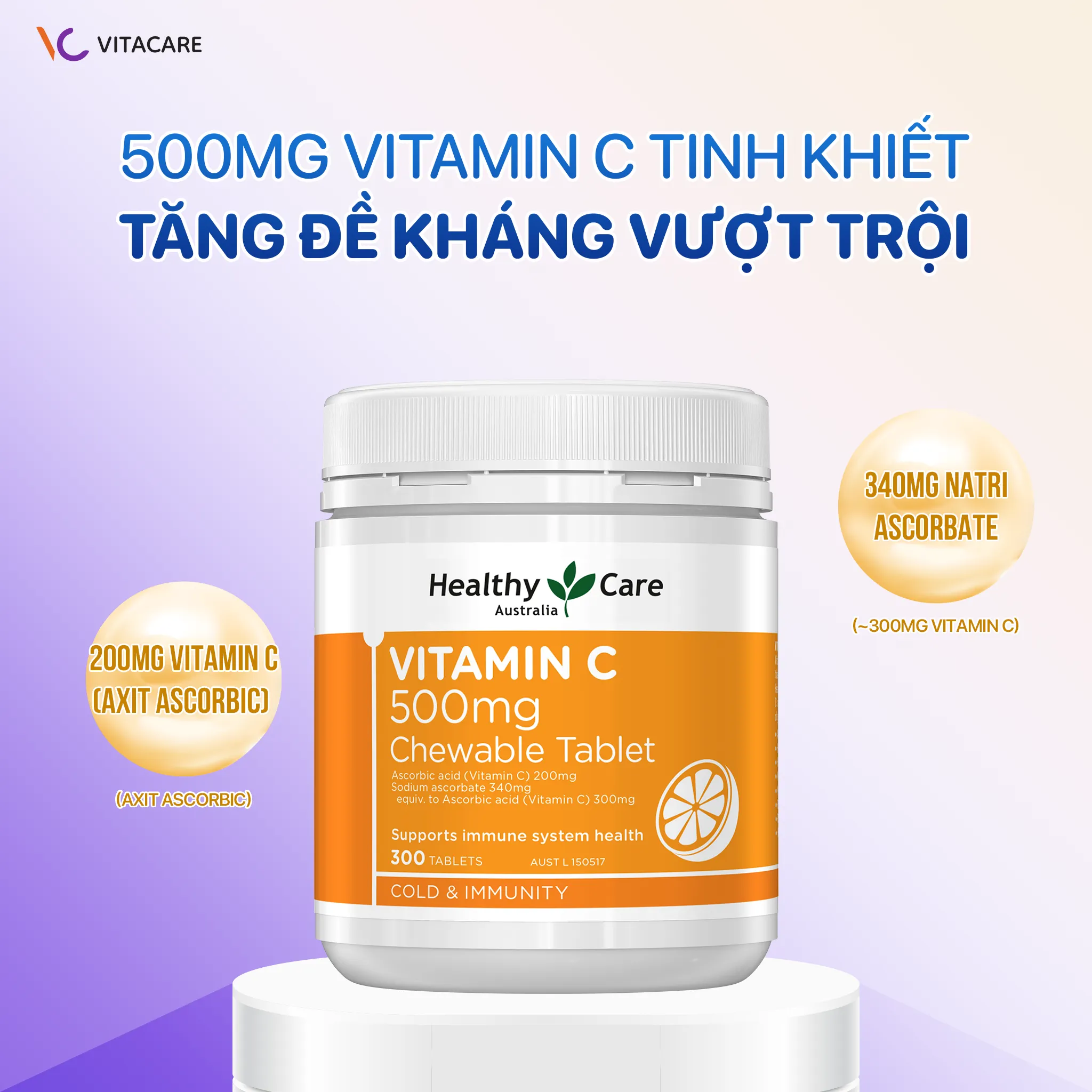 Thành phần viên nhai Healthy Care Vitamin C 500mg  Viên nhai Healthy Care Vitamin C 500mg chứa axit ascorbic và natri ascorbate giúp tăng miễn dịch