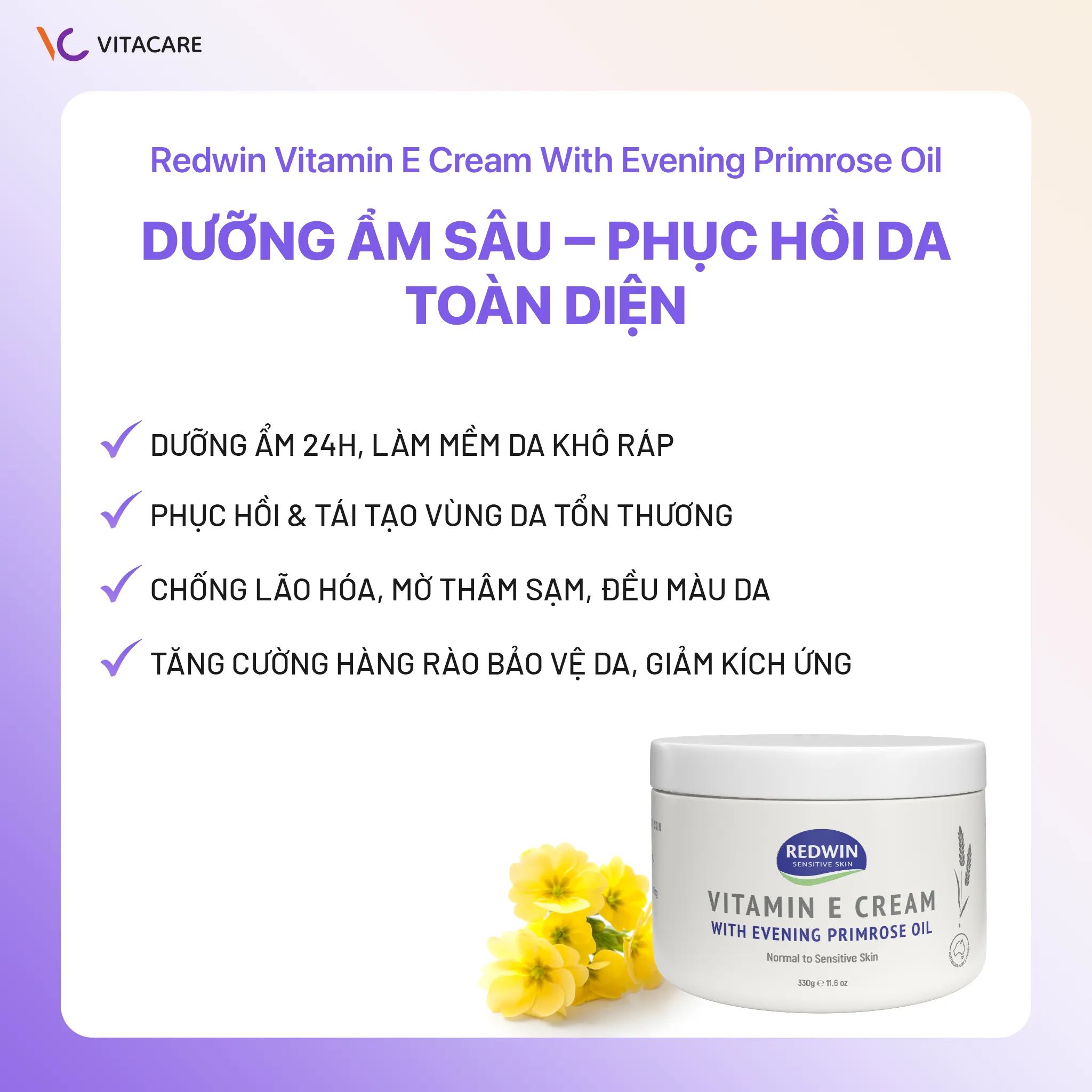 Công dụng Redwin Vitamin E Cream  Redwin Vitamin E Cream dưỡng ẩm 24h, chống lão hóa, phục hồi da khô ráp và tổn thương