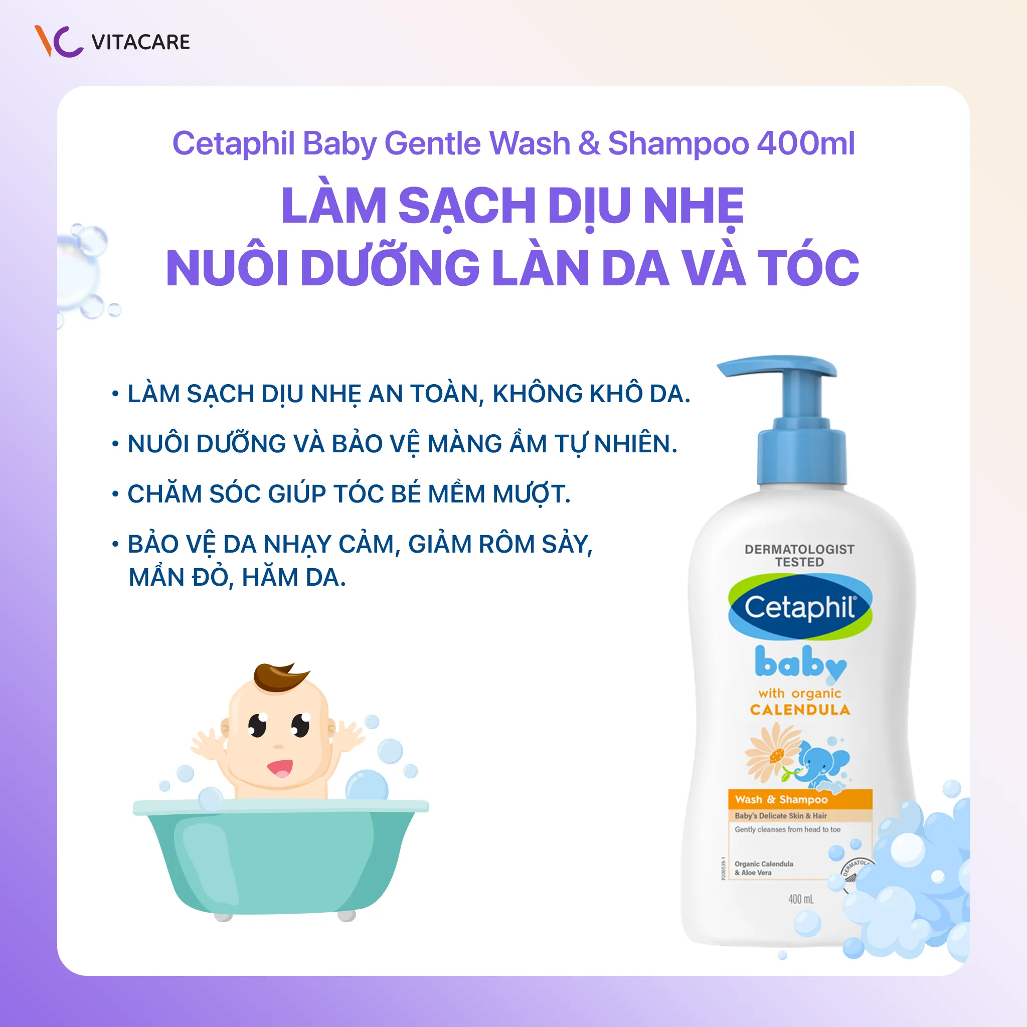 Công dụng Cetaphil Baby Gentle Wash & Shampoo Cetaphil Baby Gentle Wash & Shampoo 400ml làm sạch an toàn, giúp tóc bé mềm mượt và giảm kích ứng da