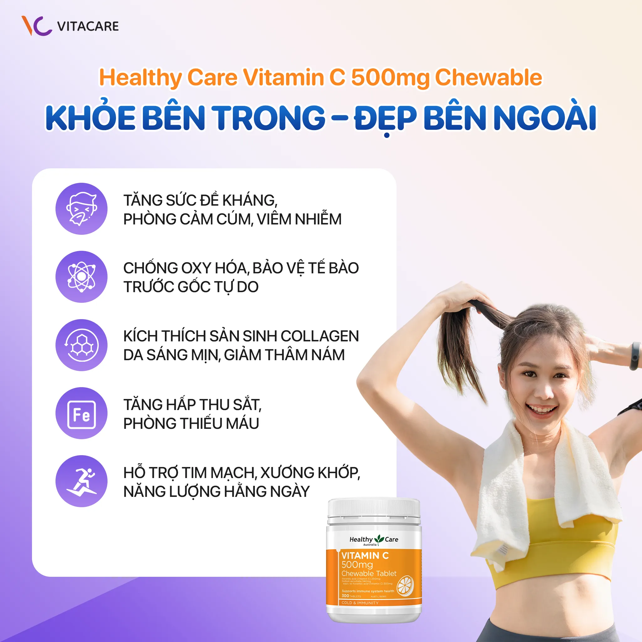 Công dụng Healthy Care Vitamin C 500mg  Healthy Care Vitamin C giúp tăng sức đề kháng, kích thích sản sinh collagen và chống oxy hóa