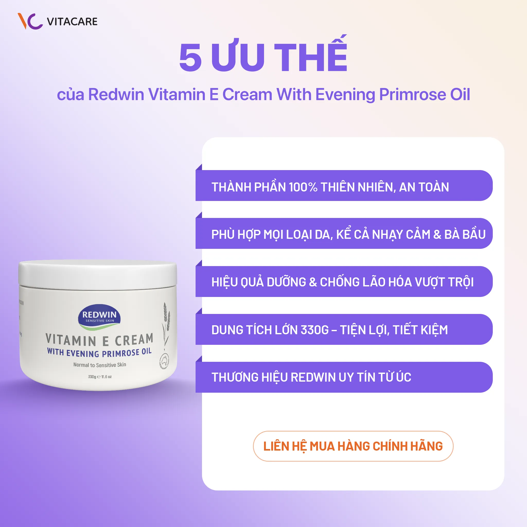 5 ưu thế nổi bật của Redwin Vitamin E Cream Kem Redwin Vitamin E chiết xuất thiên nhiên, phù hợp da nhạy cảm và bà bầu, chống lão hóa hiệu quả