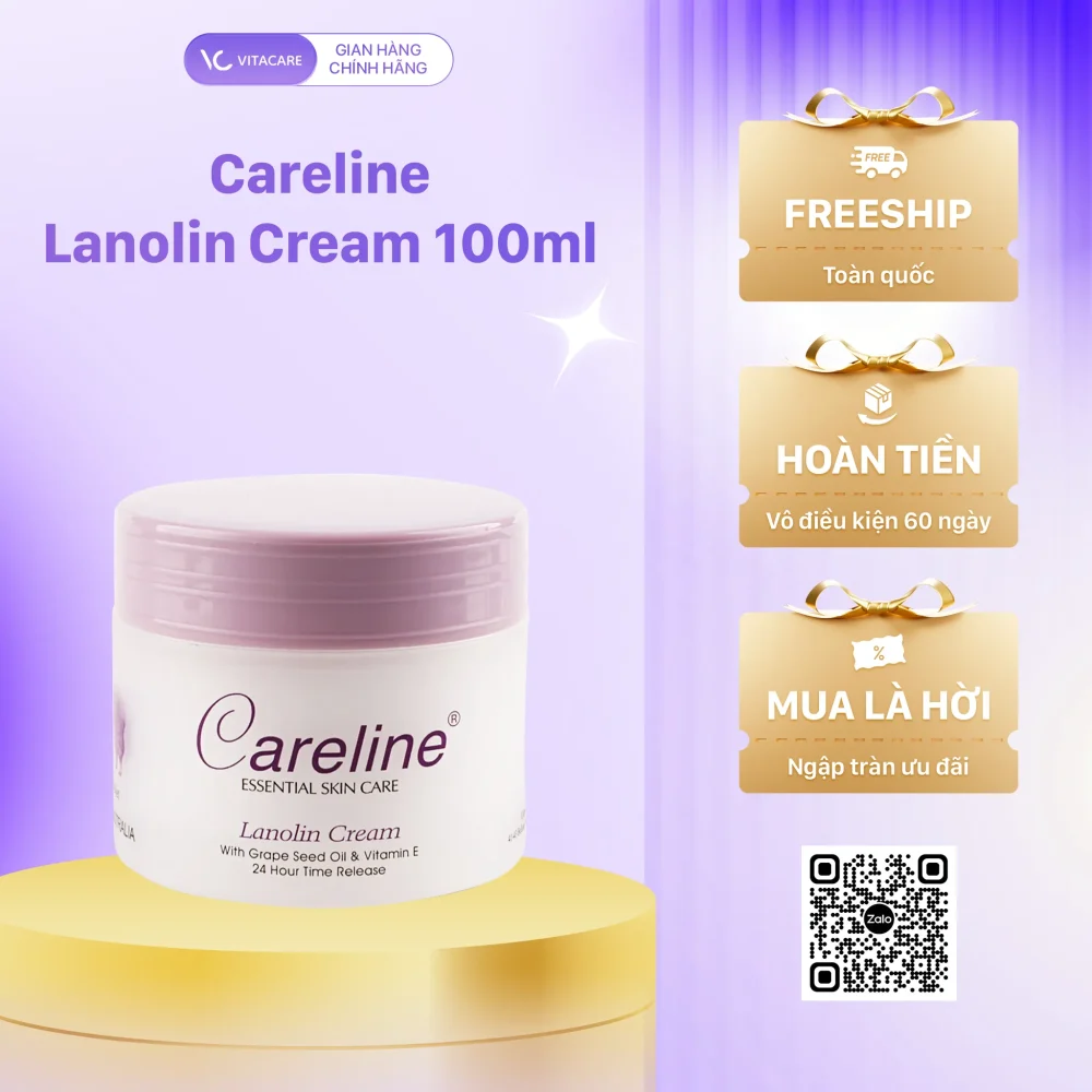 Kem dưỡng Careline Lanolin Cream 100ml dưỡng ẩm, ngừa lão hóa, chăm sóc da mềm mại và khỏe mạnh.