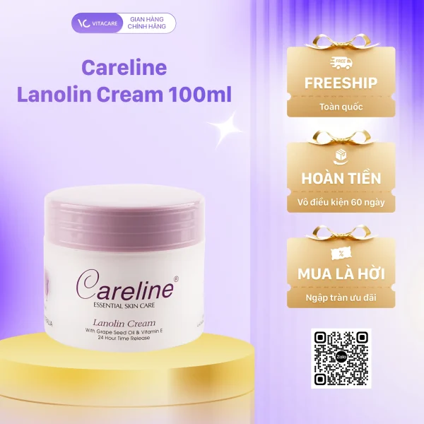 Kem dưỡng Careline Lanolin Cream 100ml dưỡng ẩm, ngừa lão hóa, chăm sóc da mềm mại và khỏe mạnh.