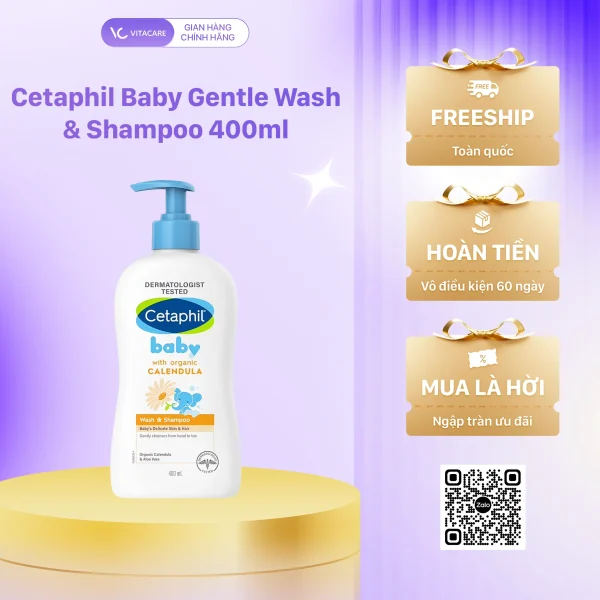 Sữa tắm gội Cetaphil Baby Gentle Wash & Shampoo 400ml cho bé, chiết xuất hoa cúc Calendula dịu nhẹ, dưỡng ẩm và bảo vệ làn da nhạy cảm.