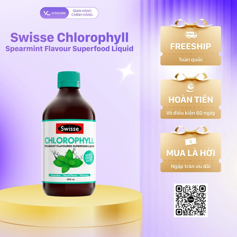 Swisse Chlorophyll Spearmint 500ml – Nước diệp lục vị bạc hà thanh mát, giúp giải độc gan, bổ sung chất chống oxy hóa.